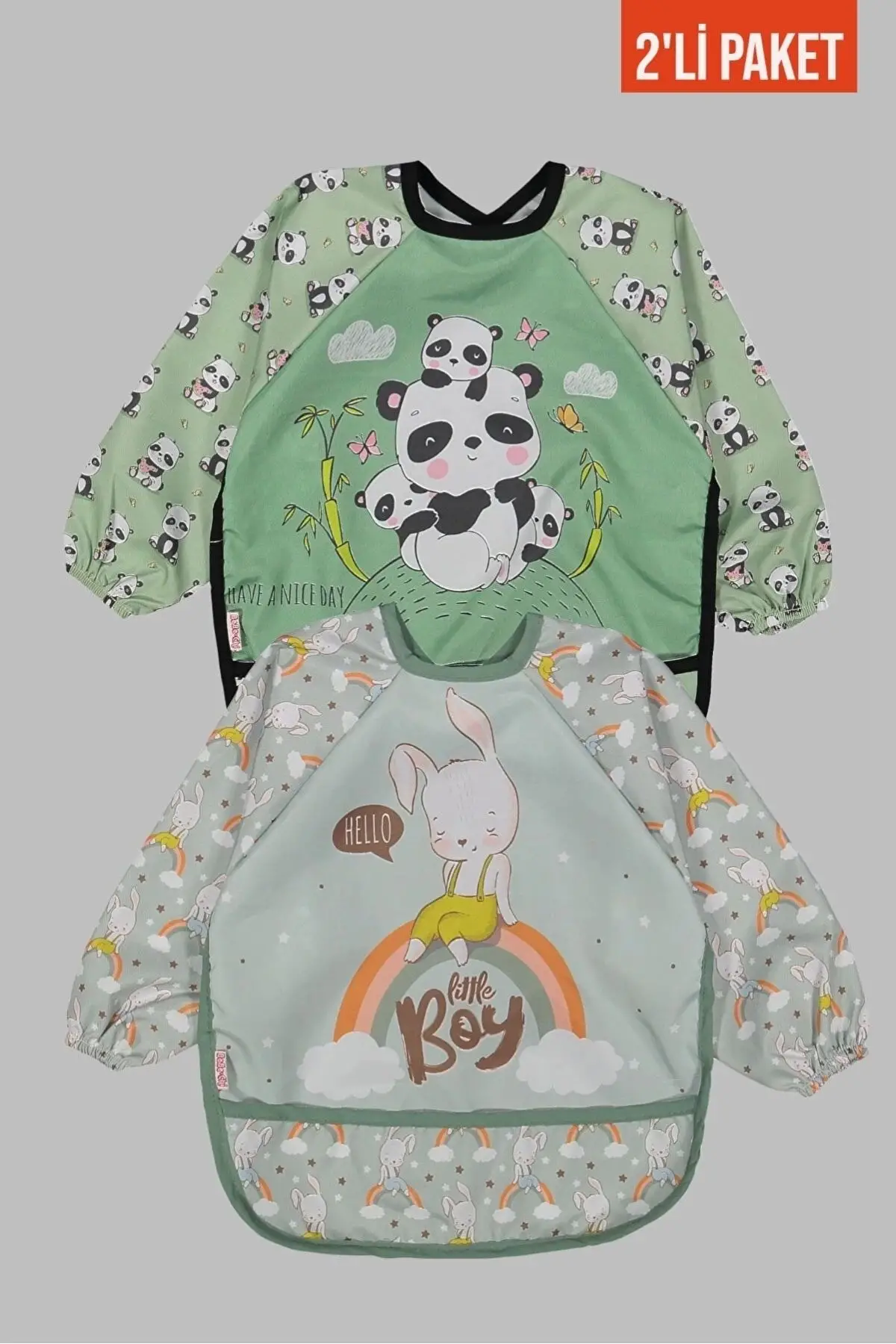 Giyilebilir Kollu Sıvı Geçirmez Mama ve Aktivite Önlüğü 6-24 Ay - Panda-Tavşan