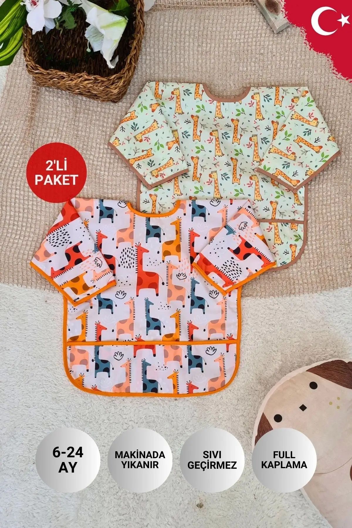 GRAFFE ve FOREST Desenli 2li Paket Sıvı Geçirmez Unisex Aktivite ve Mama Önlüğü 6-24 Ay