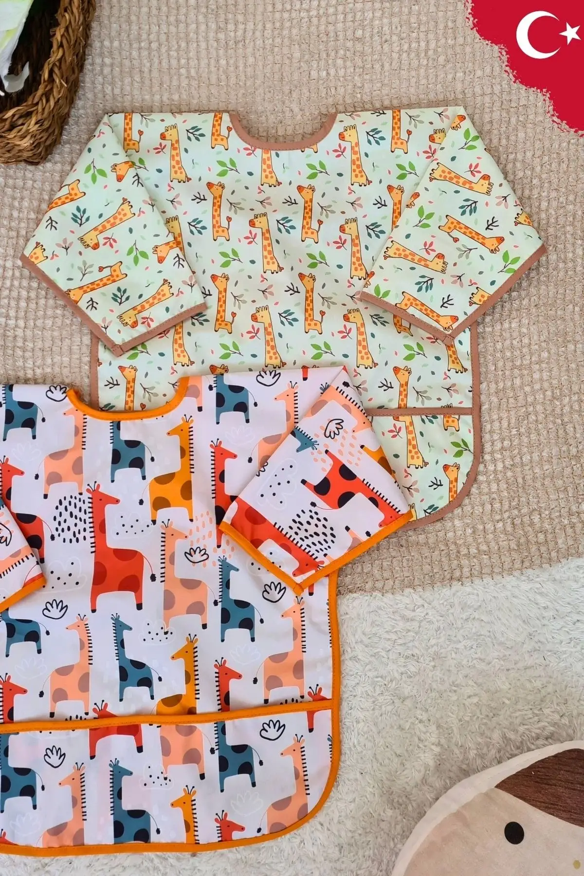 GRAFFE ve FOREST Desenli 2li Paket Sıvı Geçirmez Unisex Aktivite ve Mama Önlüğü 6-24 Ay