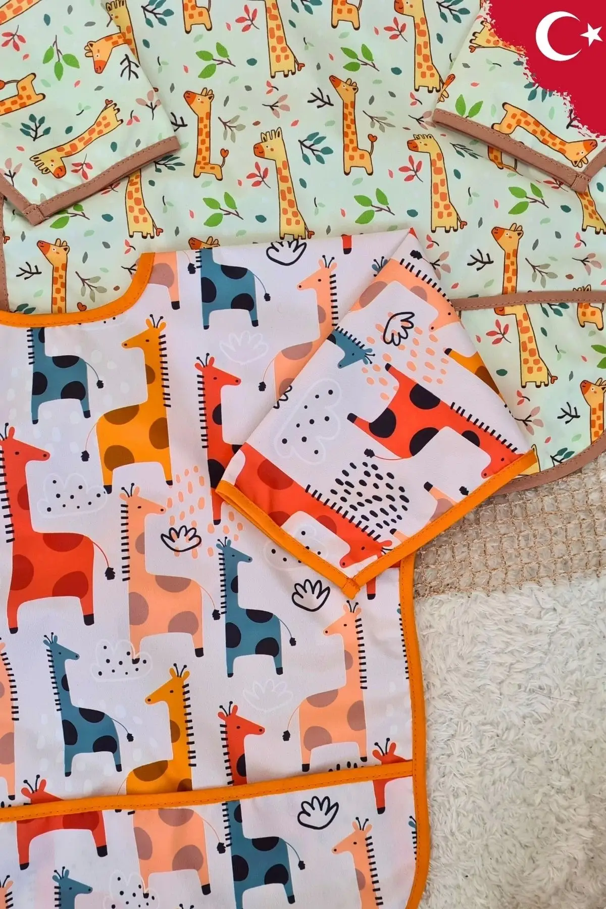 GRAFFE ve FOREST Desenli 2li Paket Sıvı Geçirmez Unisex Aktivite ve Mama Önlüğü 6-24 Ay