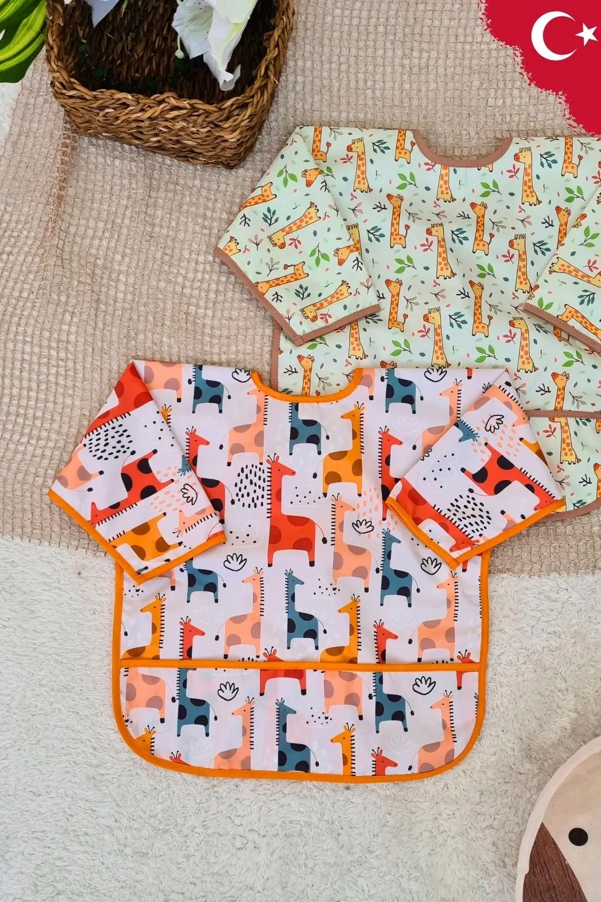 GRAFFE ve FOREST Desenli 2li Paket Sıvı Geçirmez Unisex Aktivite ve Mama Önlüğü 6-24 Ay