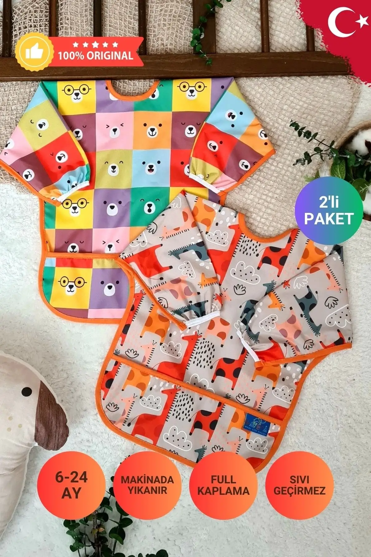 GRAFFE ve KARE AYILAR Desenli 2li Paket Sıvı Geçirmez Unisex Aktivite ve Mama Önlüğü 6-24 Ay