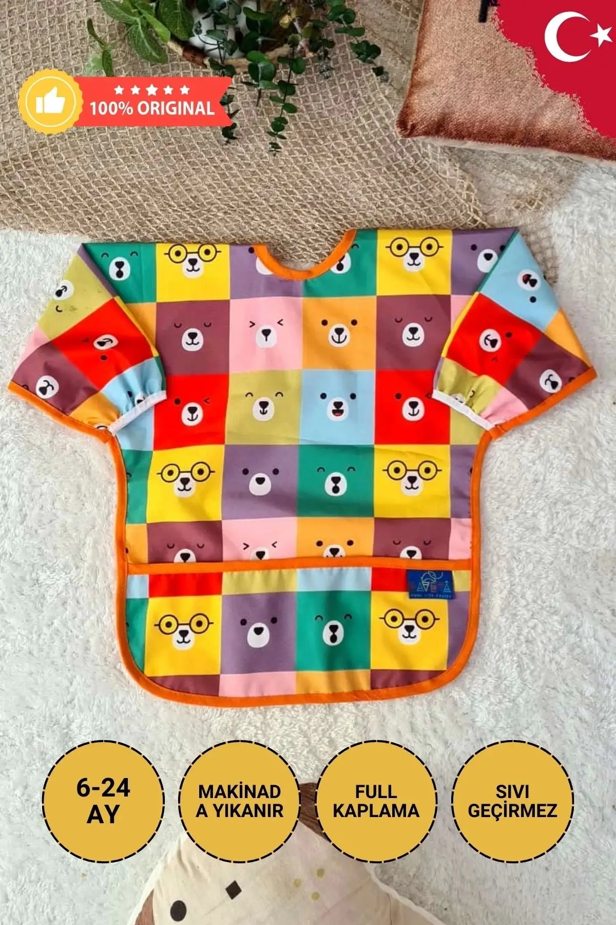 GRAFFE ve KARE AYILAR Desenli 2li Paket Sıvı Geçirmez Unisex Aktivite ve Mama Önlüğü 6-24 Ay