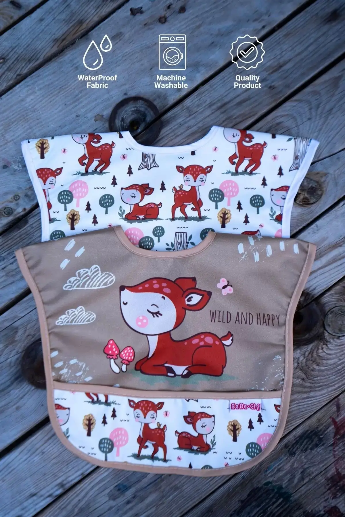 Karaca Desenli 2li Sıvı Geçirmez Kolsuz Bebek Mama Önlüğü 0-12 Ay