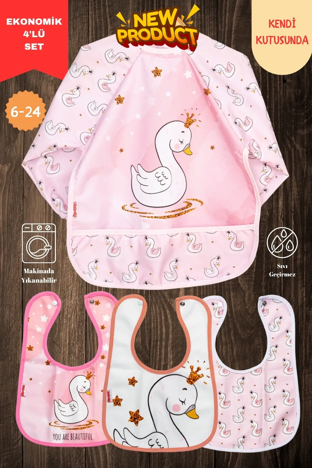 KUĞU DESEN 4LÜ SET EKO SIVI GEÇİRMEZ AKTİVİTE VE MAMA ÖNLÜĞÜ KENDİ KUTUSUNDA 6-24 AY