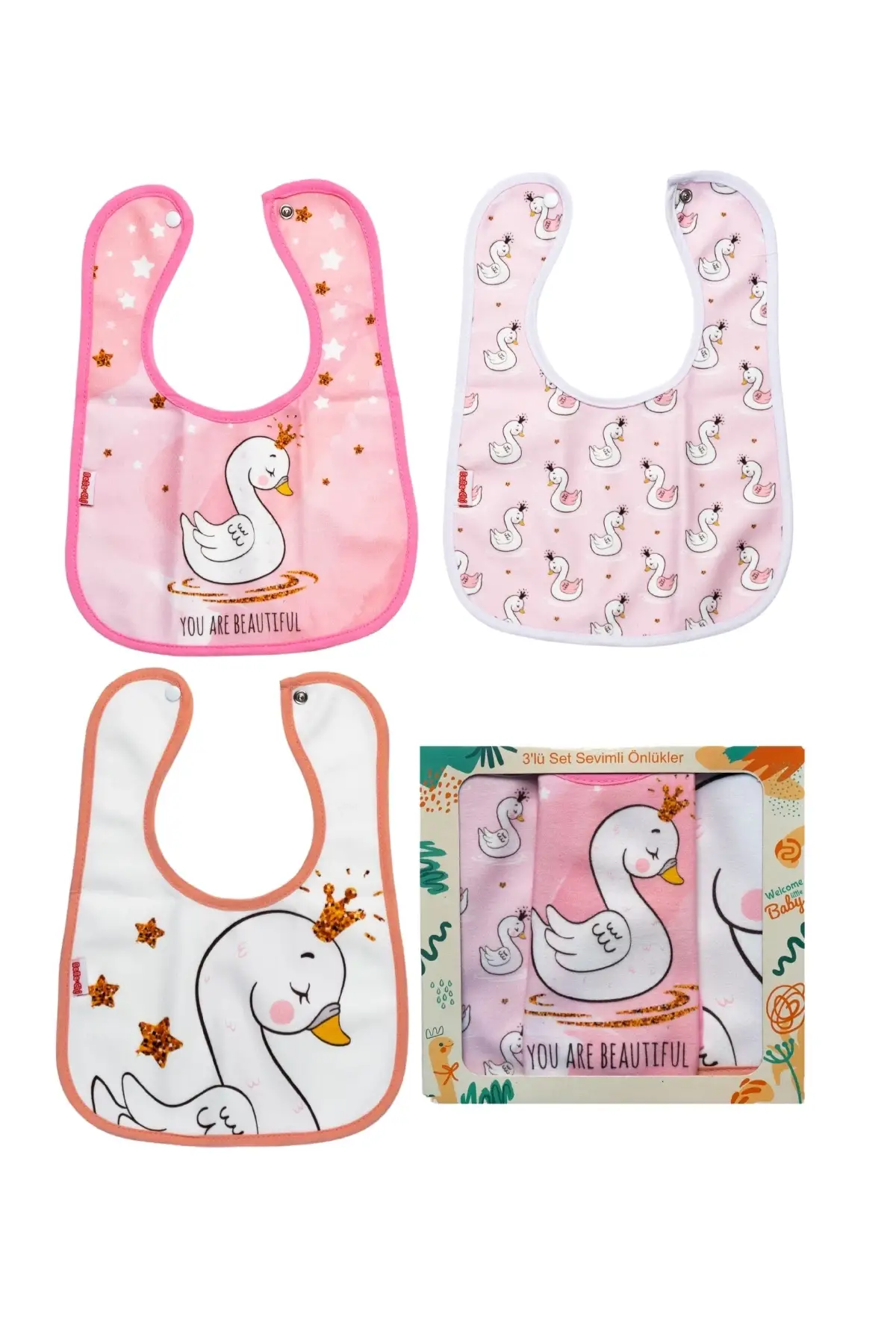 KUĞU DESEN 4LÜ SET EKO SIVI GEÇİRMEZ AKTİVİTE VE MAMA ÖNLÜĞÜ KENDİ KUTUSUNDA 6-24 AY