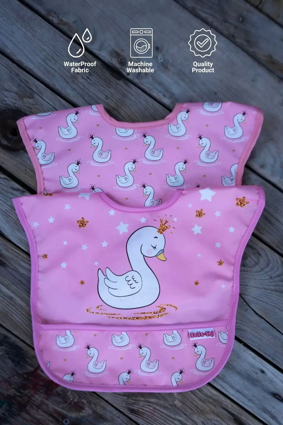 Kuğu Desenli 2li Sıvı Geçirmez Kolsuz Bebek Mama Önlüğü 0-12 Ay