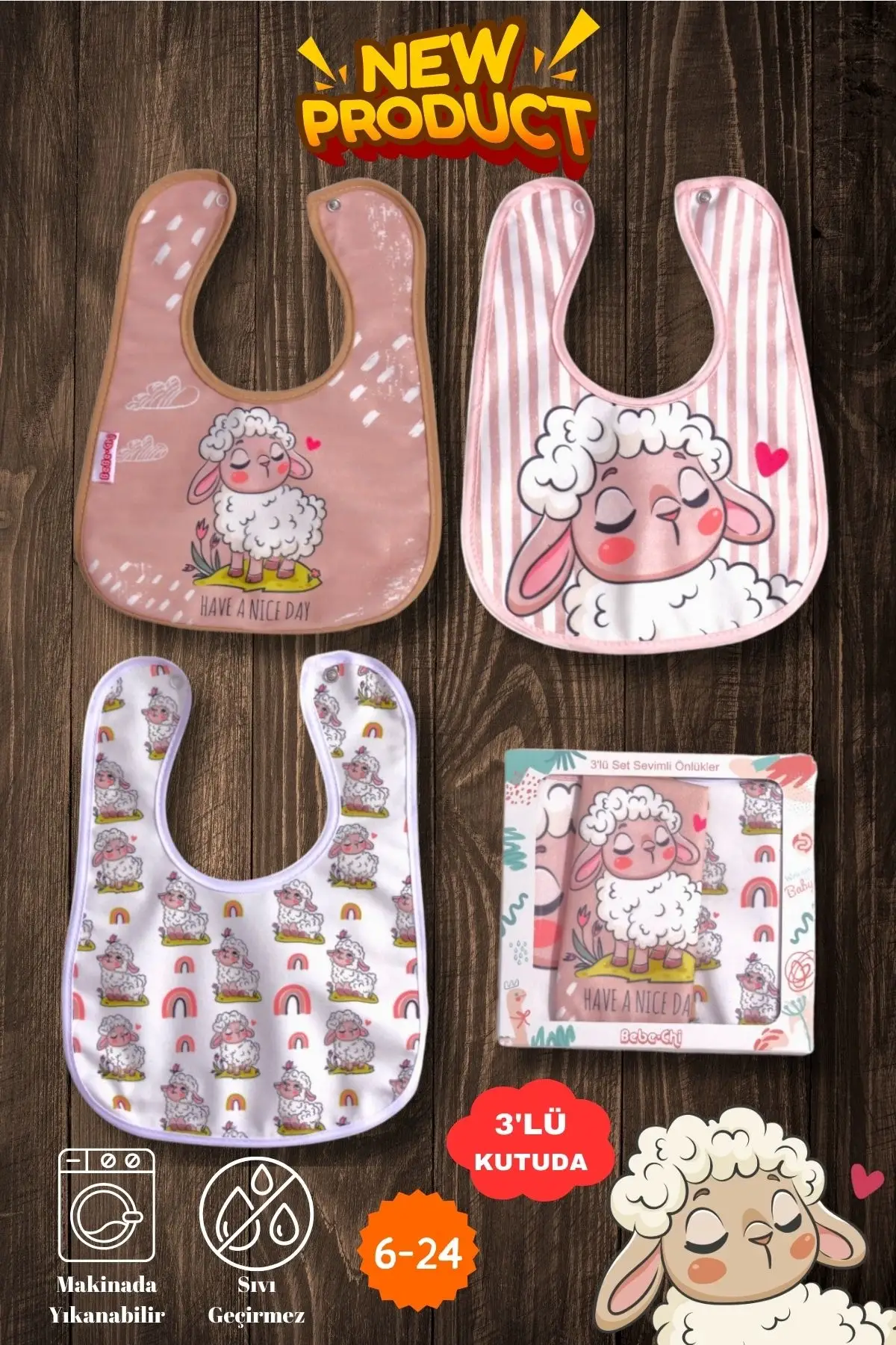 Kuzu Desenli Sıvı Geçirmez 3lü Mama ve Salya Önlüğü 0-18 Ay