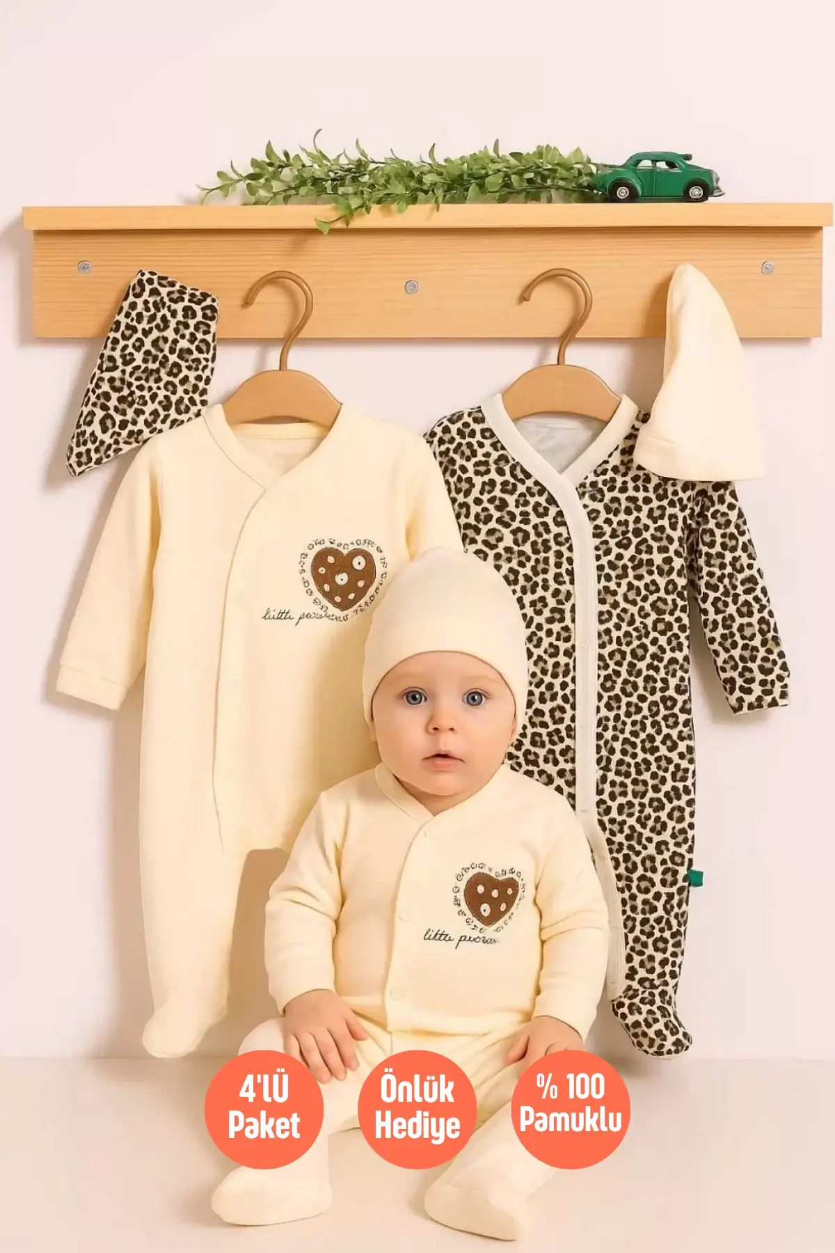 Leopar Desenli % 100 Pamuklu Kız Bebek 4lü Tulum Seti 0-6 Ay