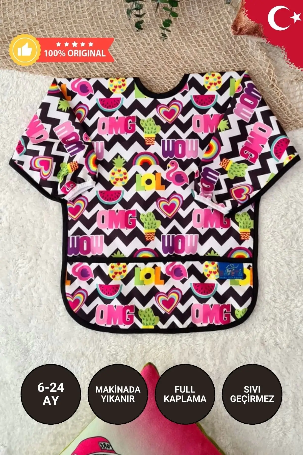 Lol Desenli Sıvı Geçirmez Kız Aktivite ve Mama Önlüğü 6-24 Ay