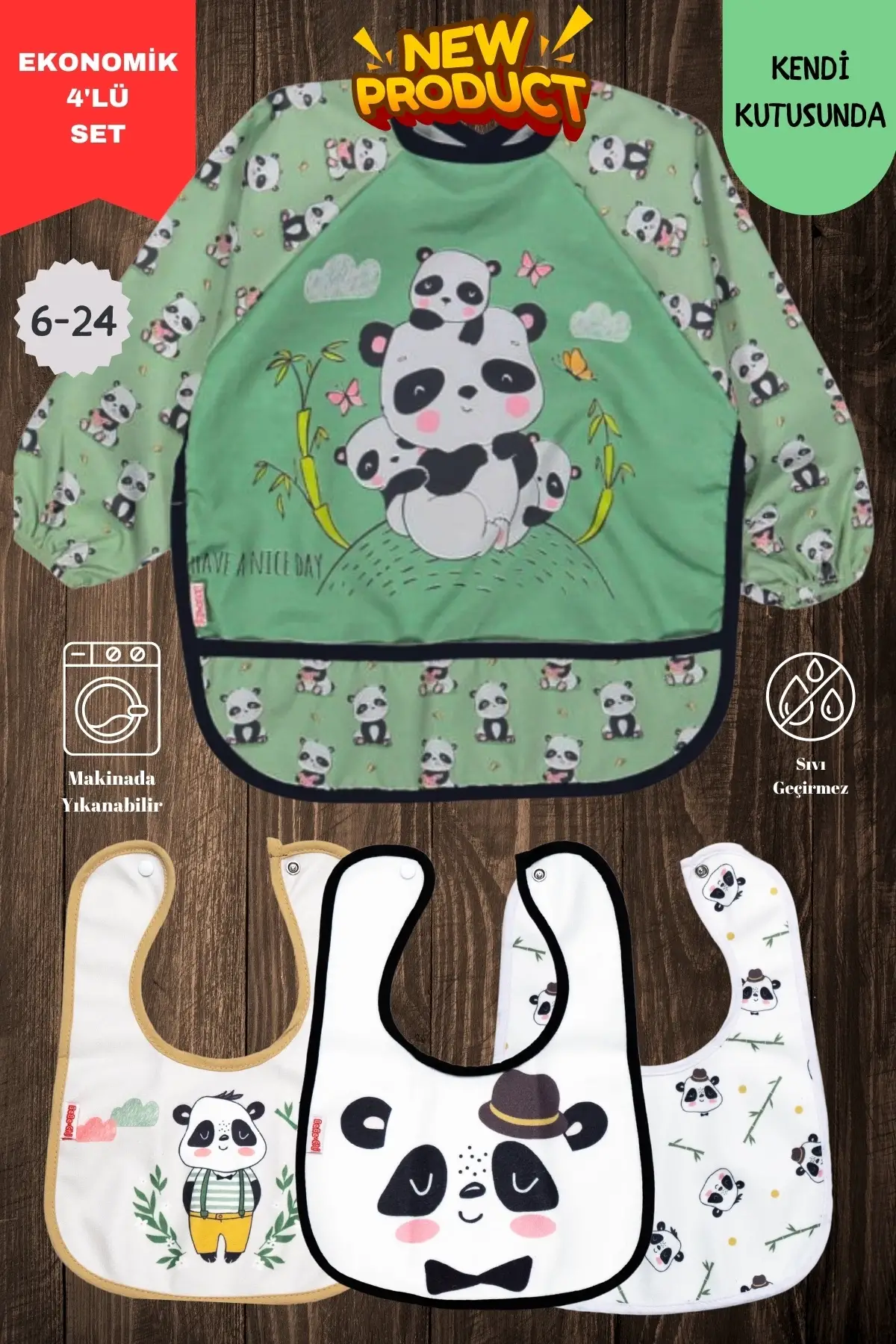 PANDA DESEN 4LÜ SET EKO SIVI GEÇİRMEZ AKTİVİTE VE MAMA ÖNLÜĞÜ KENDİ KUTUSUNDA 6-24 AY