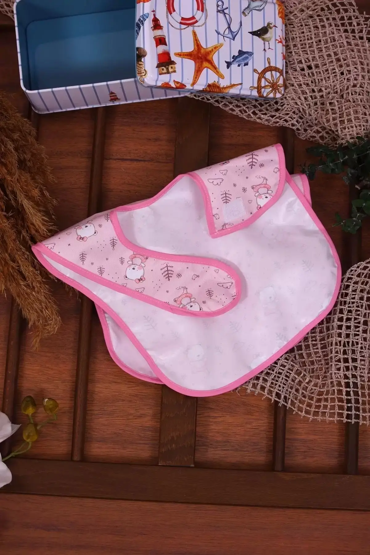 Pembe Bear Desenli 2li Sıvı Geçirmez Kolsuz Bebek Mama Önlüğü 0-12 Ay