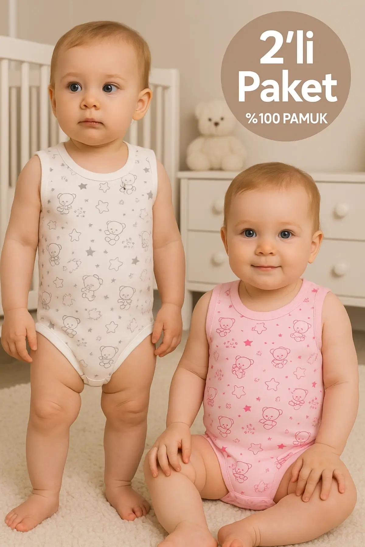 Pembe Bear Desenli 2li Paket % 100 Pamuk Kız Bebek Askılı Body Seti