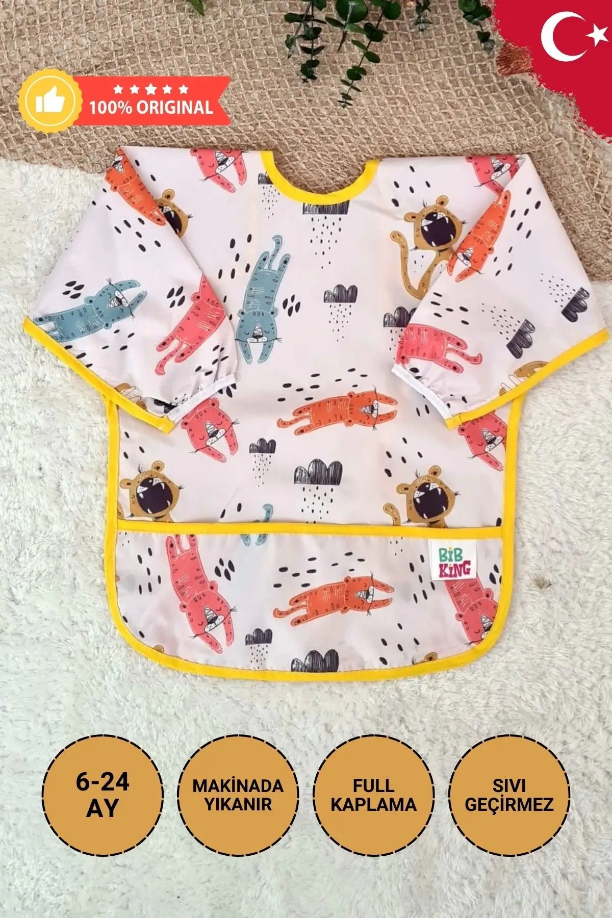 Roar Desenli Sıvı Geçirmez Unisex Çocuk Aktivite ve Mama Önlüğü 6-24 Ay