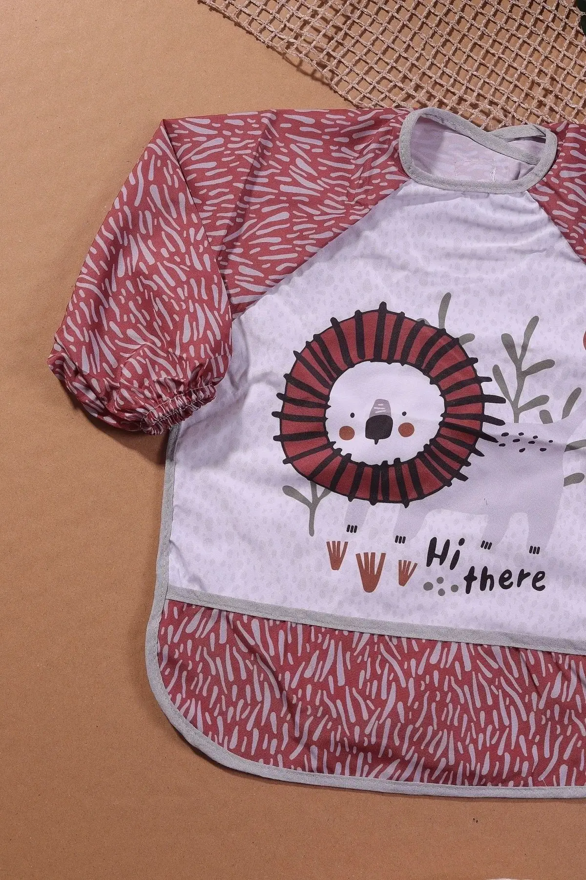 Safari Aslan Desenli Sıvı Geçirmez Uzun kol Unisex Mama ve Aktivite Önlüğü 6-24 Ay