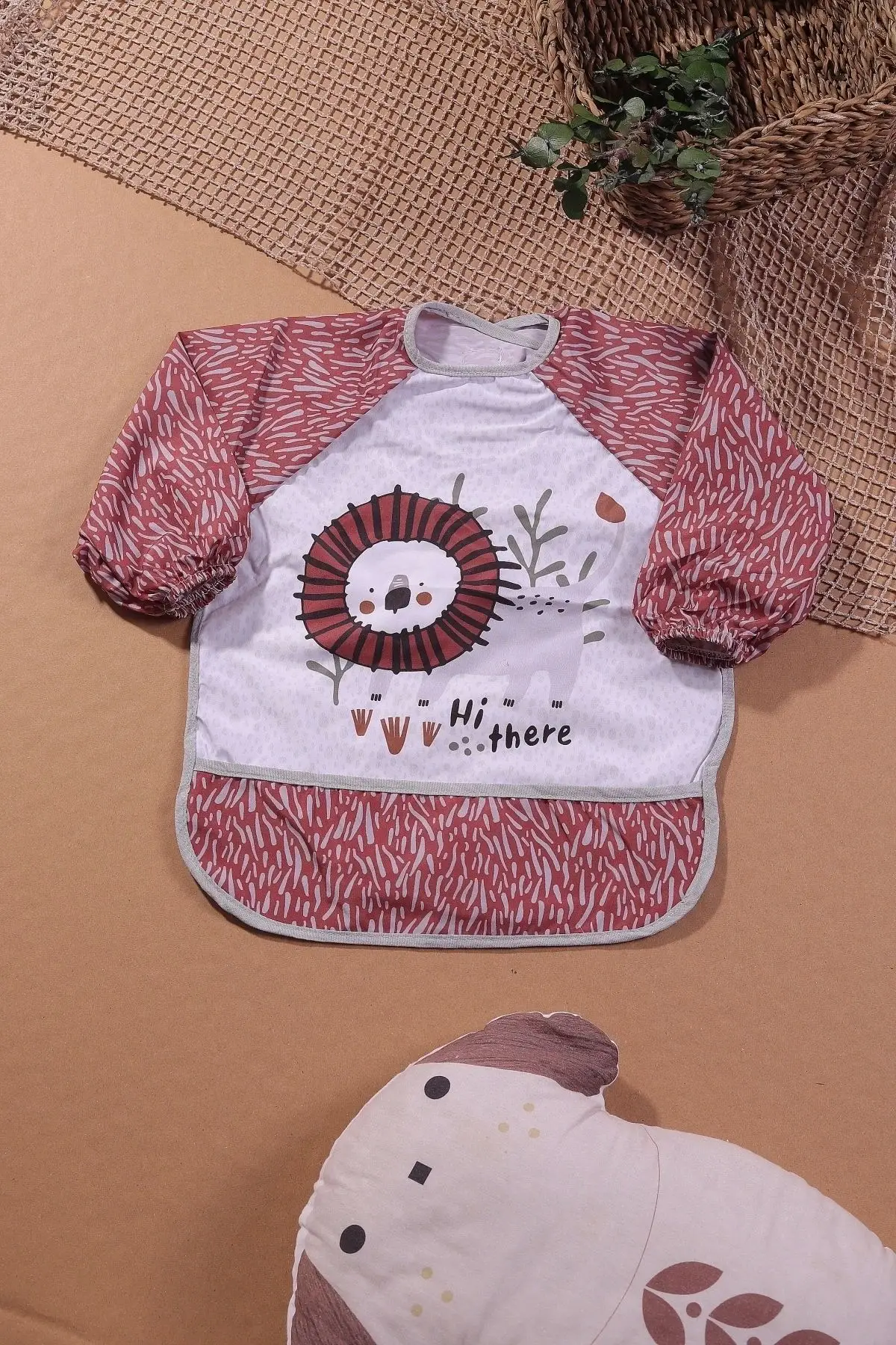 Safari Aslan Desenli Sıvı Geçirmez Uzun kol Unisex Mama ve Aktivite Önlüğü 6-24 Ay