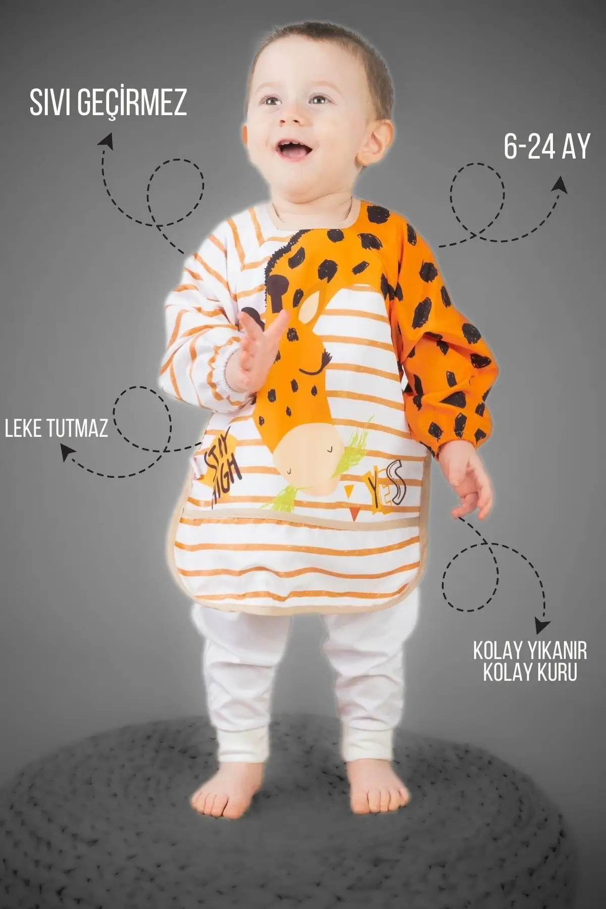 Safari Fil Desenli 2li Kombin Kollu Mama Önlüğü