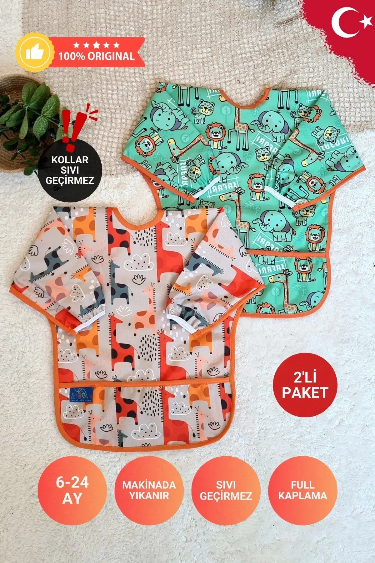 SAFARİ ve GRAFFE Desenli 2li Paket Sıvı Geçirmez Unisex Çocuk Aktivite ve Mama Önlüğü 6-24 Ay