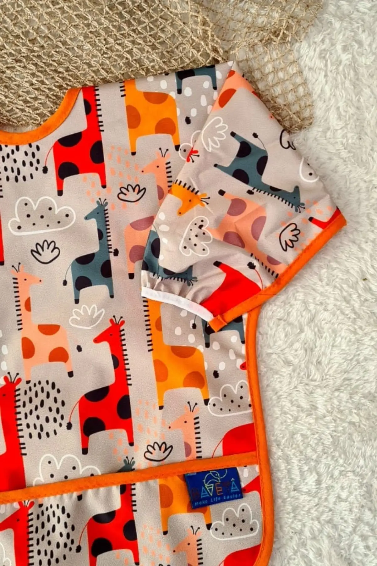 SAFARİ ve GRAFFE Desenli 2li Paket Sıvı Geçirmez Unisex Çocuk Aktivite ve Mama Önlüğü 6-24 Ay