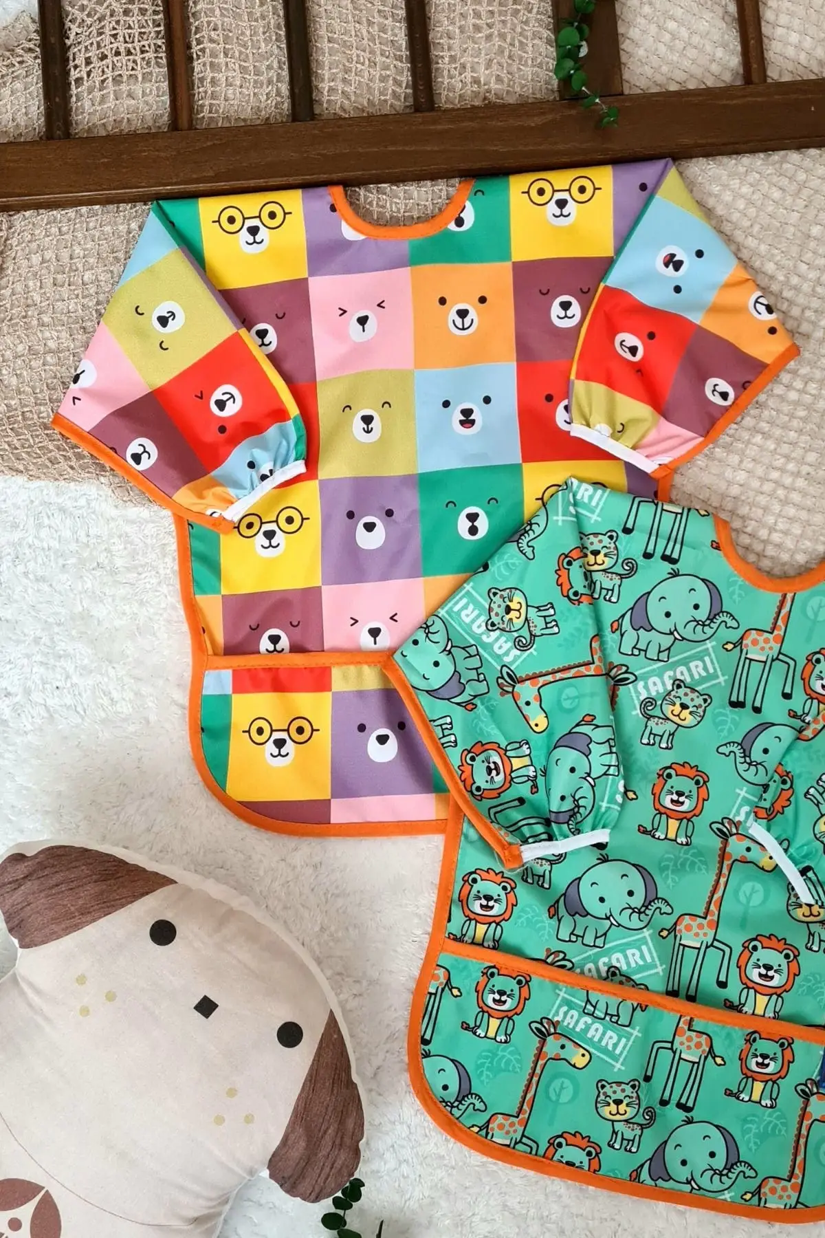 SAFARİ ve KARE AYILAR Desenli 2li Paket Sıvı Geçirmez Unisex Aktivite ve Mama Önlüğü 6-24 Ay