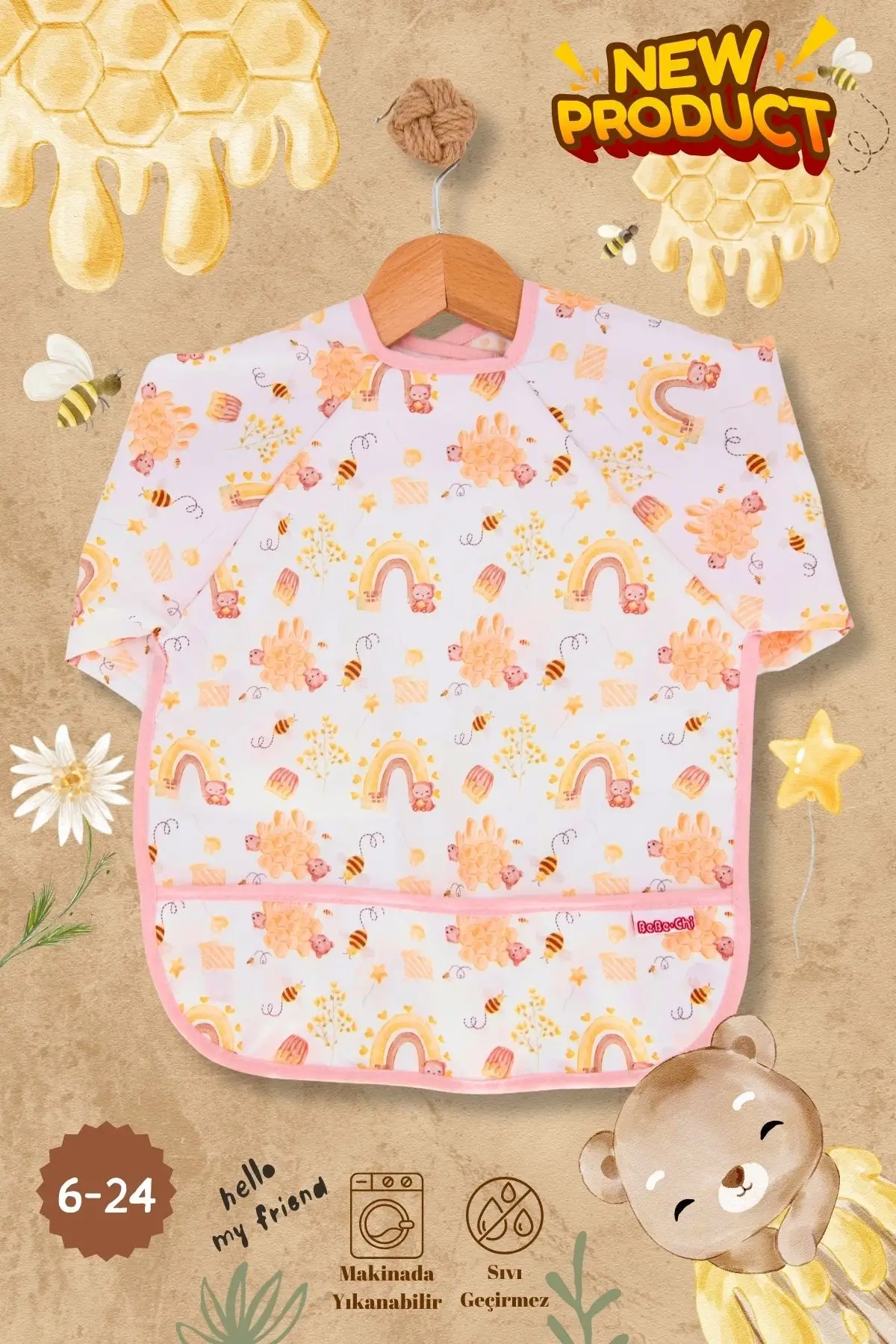 Arı Desenli Sıvı Geçirmez Uzun Kollu Unisex Bebek Mama ve Aktivite Önlüğü 6-24 Ay