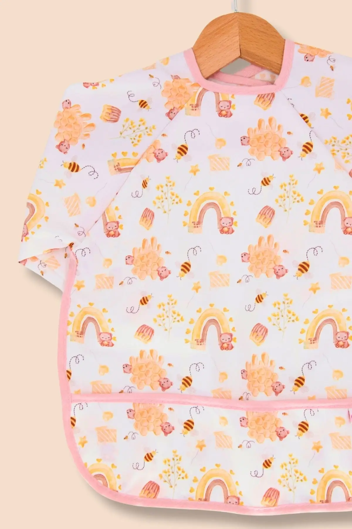 Arı Desenli Sıvı Geçirmez Uzun Kollu Unisex Bebek Mama ve Aktivite Önlüğü 6-24 Ay