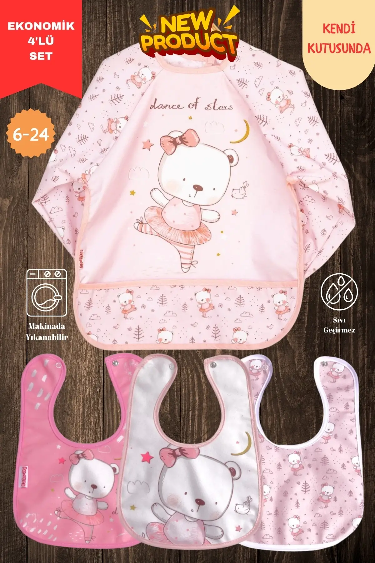 SEVİMLİ AYI DESEN 4LÜ SET EKO SIVI GEÇİRMEZ AKTİVİTE VE MAMA ÖNLÜĞÜ KENDİ KUTUSUNDA 6-24 AY