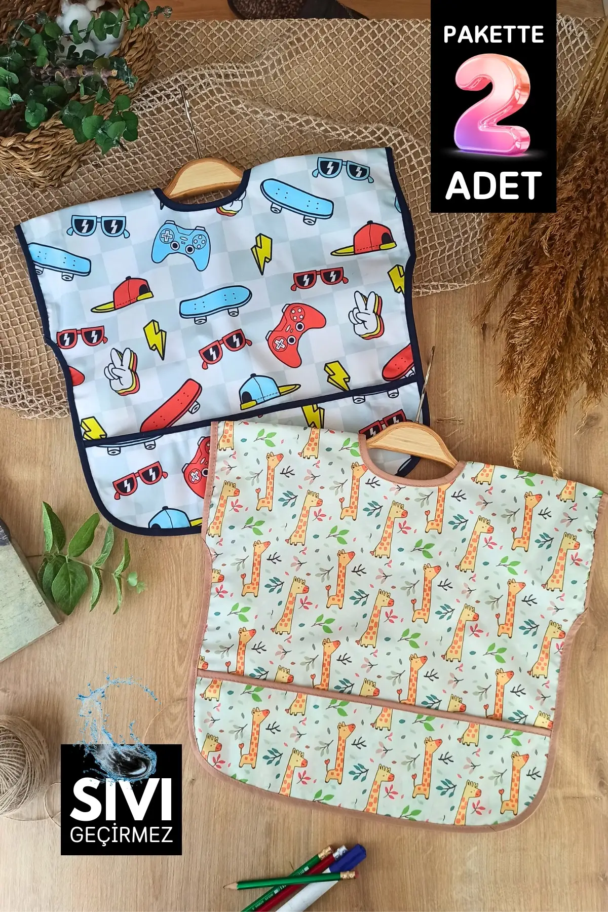 Sıvı Geçirmez Kolsuz 6-24 Ay 2li Aktivite ve Mama Önlüğü ( PLAY-SAFARİ )