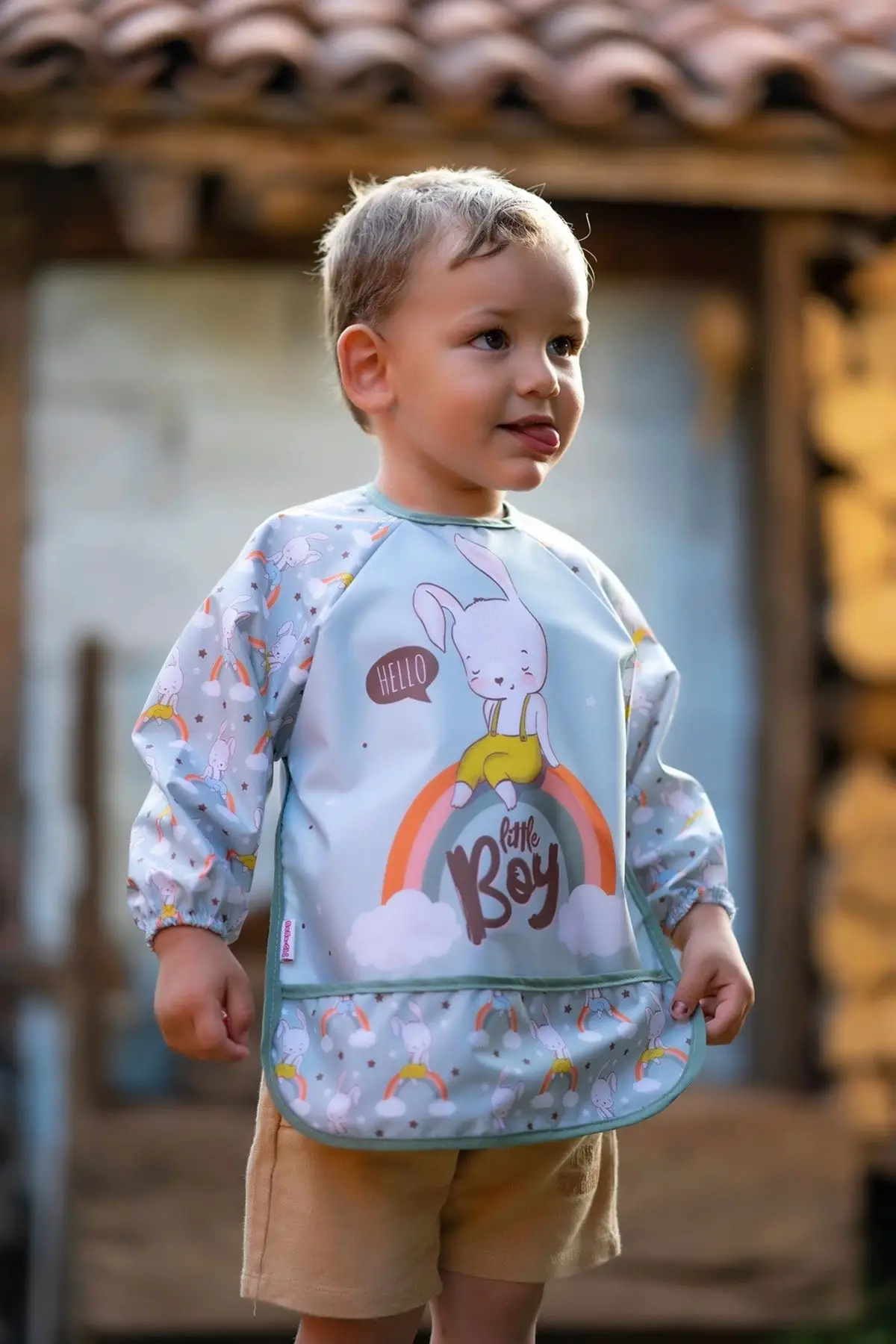 Tavşan Desenli Sıvı Geçirmez Uzun Kollu Unisex Bebek Mama ve Aktivite Önlüğü 6-24 Ay