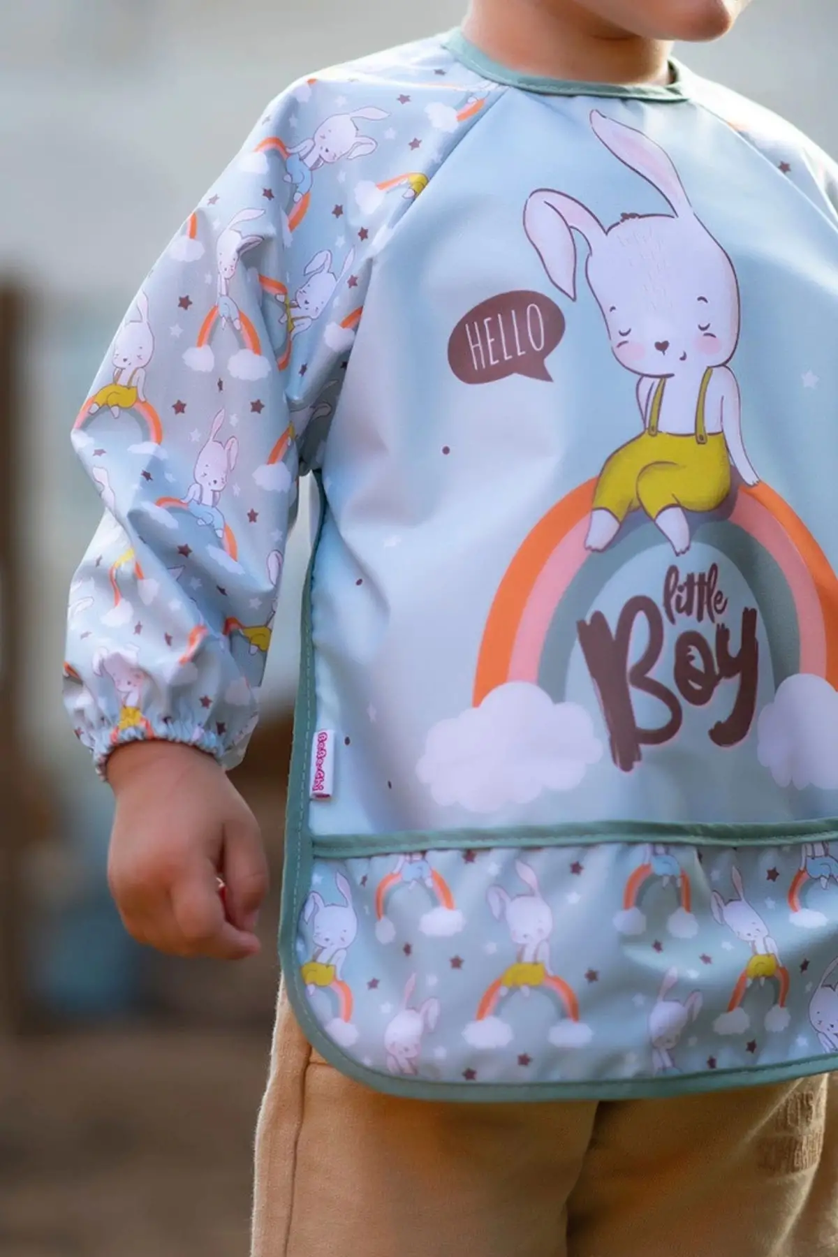 Tavşan Desenli Sıvı Geçirmez Uzun Kollu Unisex Bebek Mama ve Aktivite Önlüğü 6-24 Ay