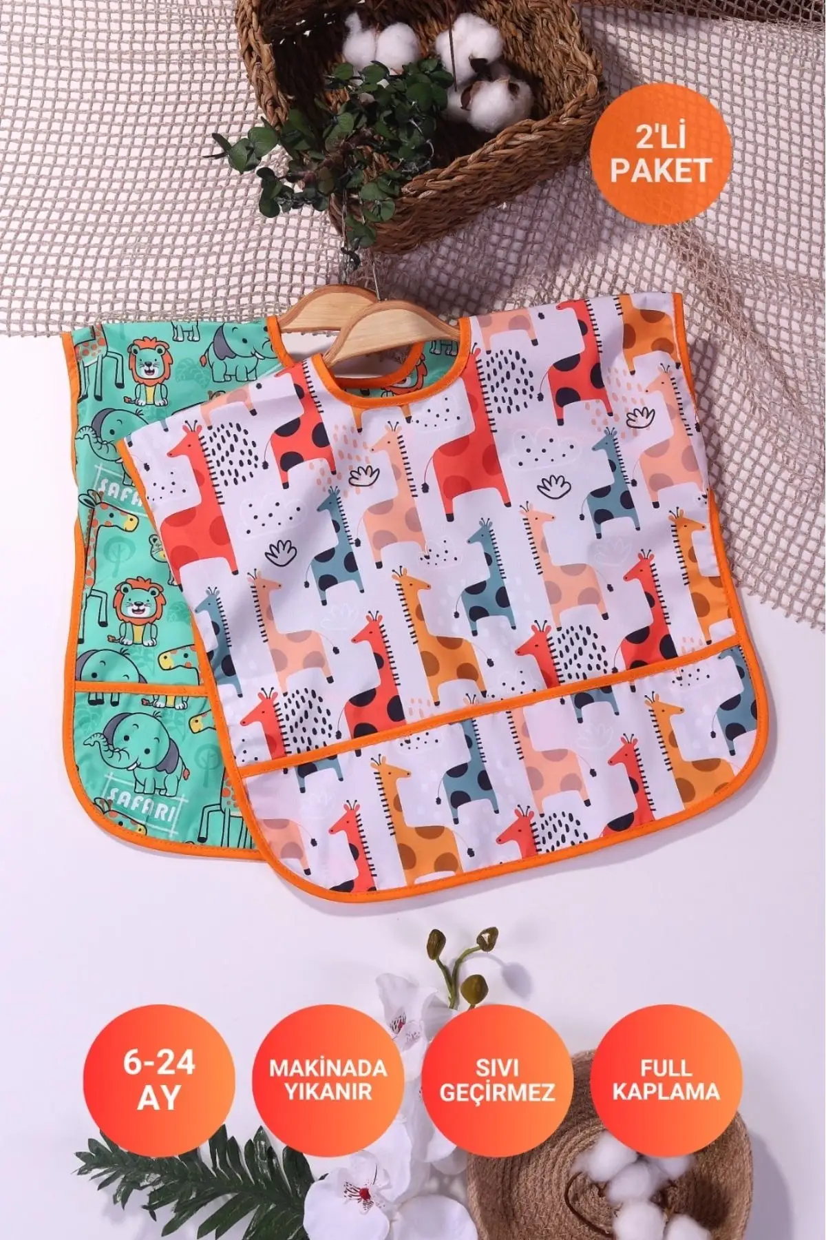 Sıvı Geçirmez Kolsuz 6-24 Ay 2li Aktivite ve Mama Önlüğü Graffe- Safari