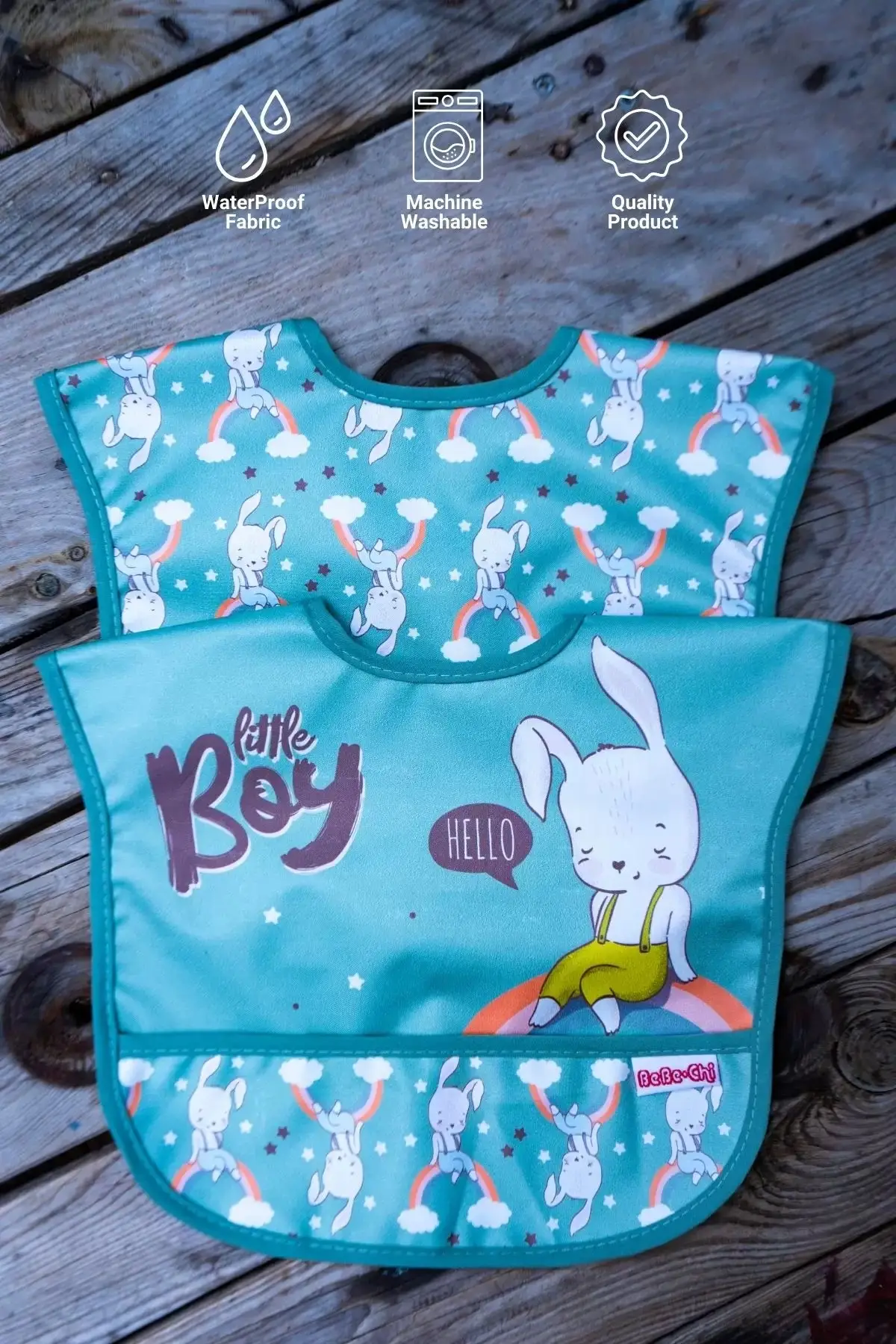 Tavşan Desenli 2li Sıvı Geçirmez Kolsuz Bebek Mama Önlüğü 0-12 Ay