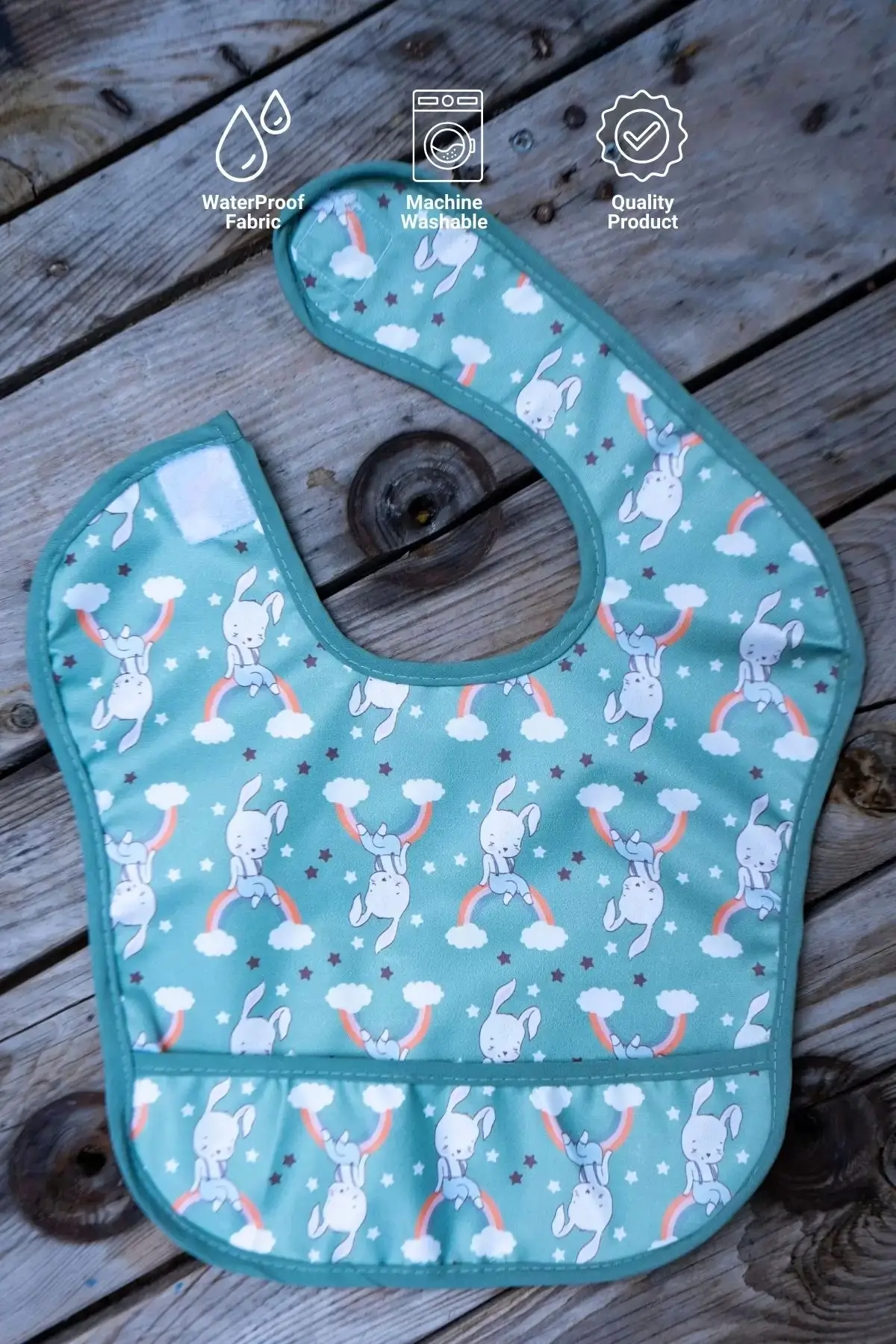 Tavşan Desenli 2li Sıvı Geçirmez Kolsuz Bebek Mama Önlüğü 0-12 Ay