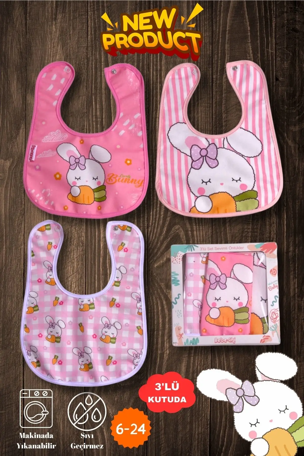 Tavşan Desenli Sıvı Geçirmez 3lü Mama ve Salya Önlüğü 0-18 Ay