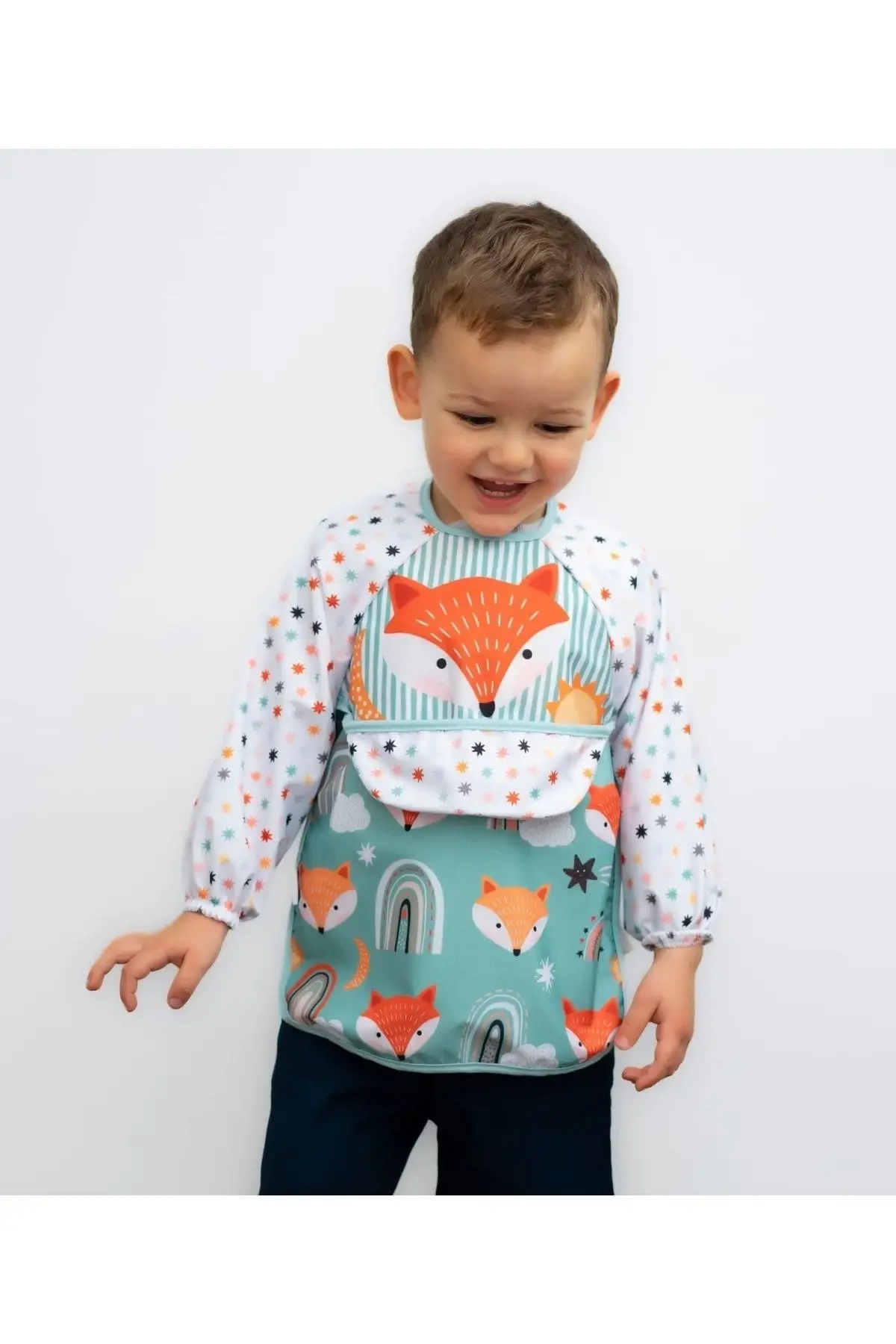 Tilki Desenli Unisex Uzun Kollu Sıvı Geçirmez Mama Ve Aktivite Önlüğü 6-24 Ay