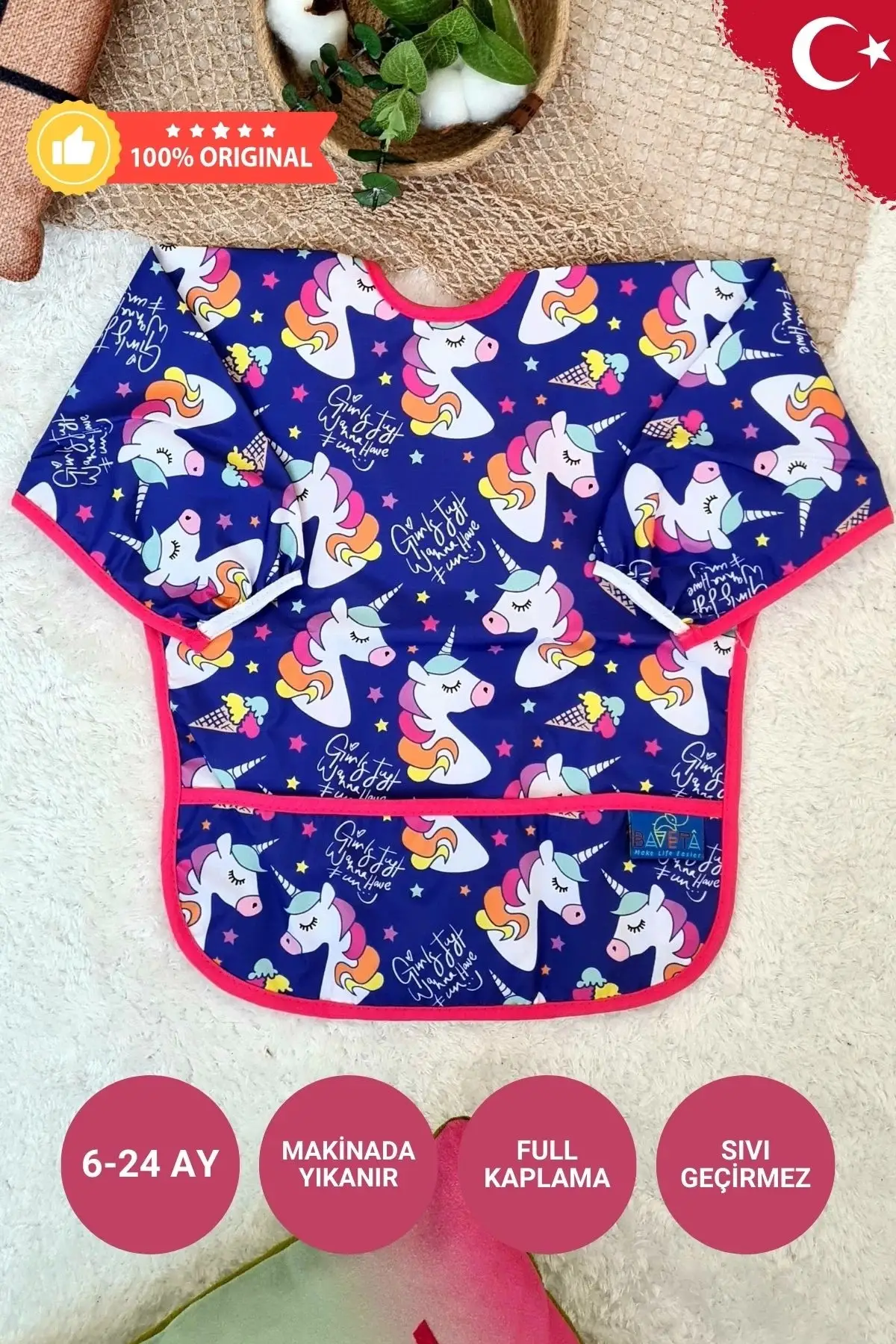 Unicorn Desenli Sıvı Geçirmez Unisex Aktivite ve Mama Önlüğü 6-24 Ay