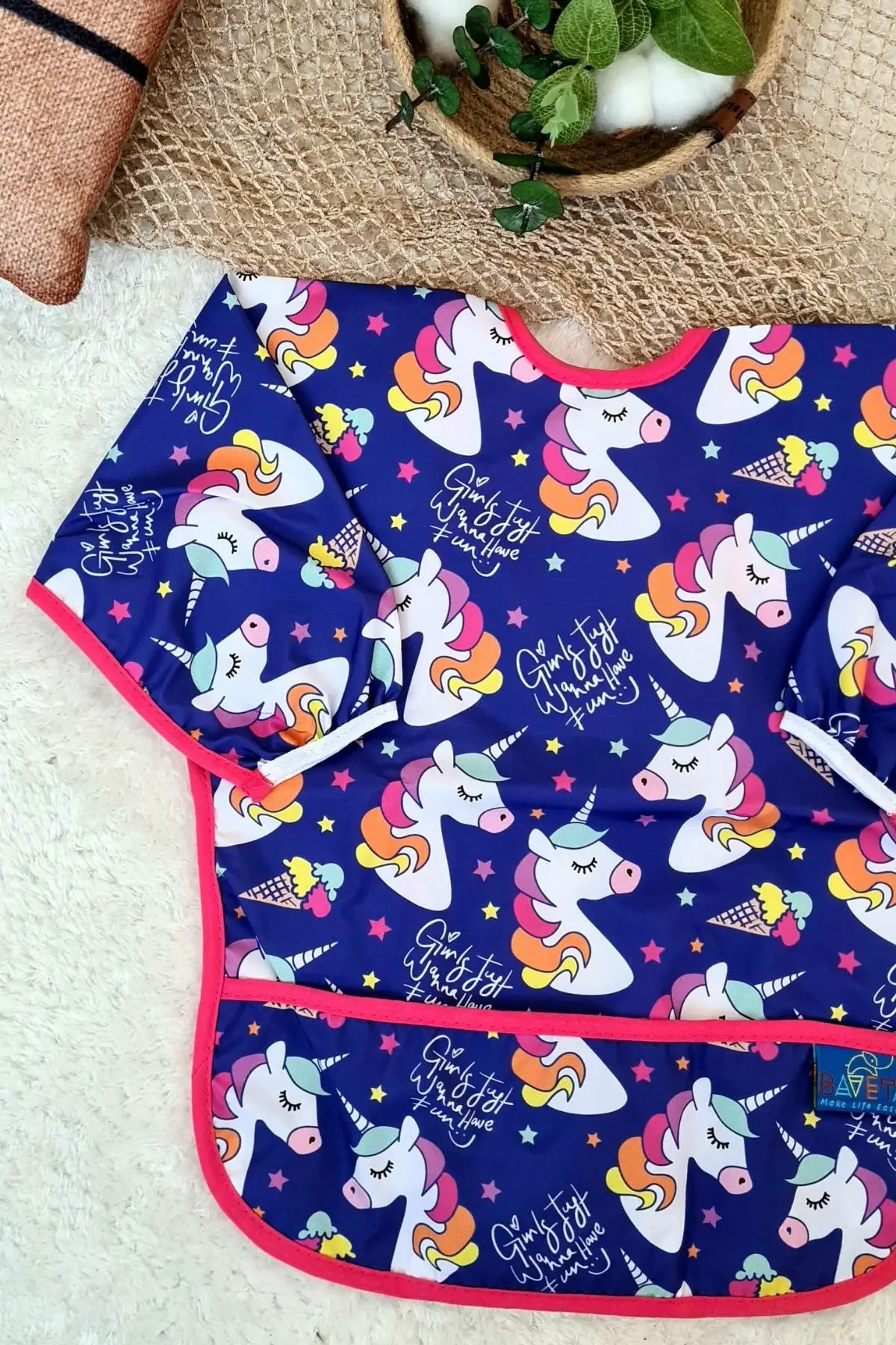 Unicorn Desenli Sıvı Geçirmez Unisex Aktivite ve Mama Önlüğü 6-24 Ay