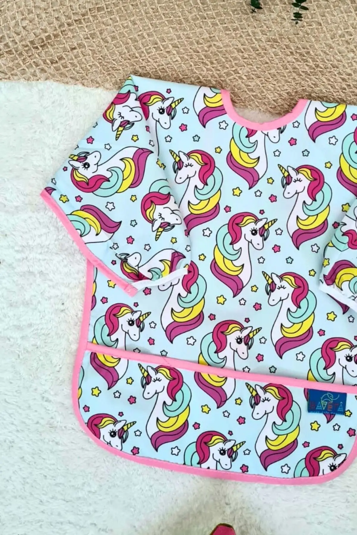 Unicorn Pembe Desenli Sıvı Geçirmez Kız Aktivite ve Mama Önlüğü 6-24 Ay