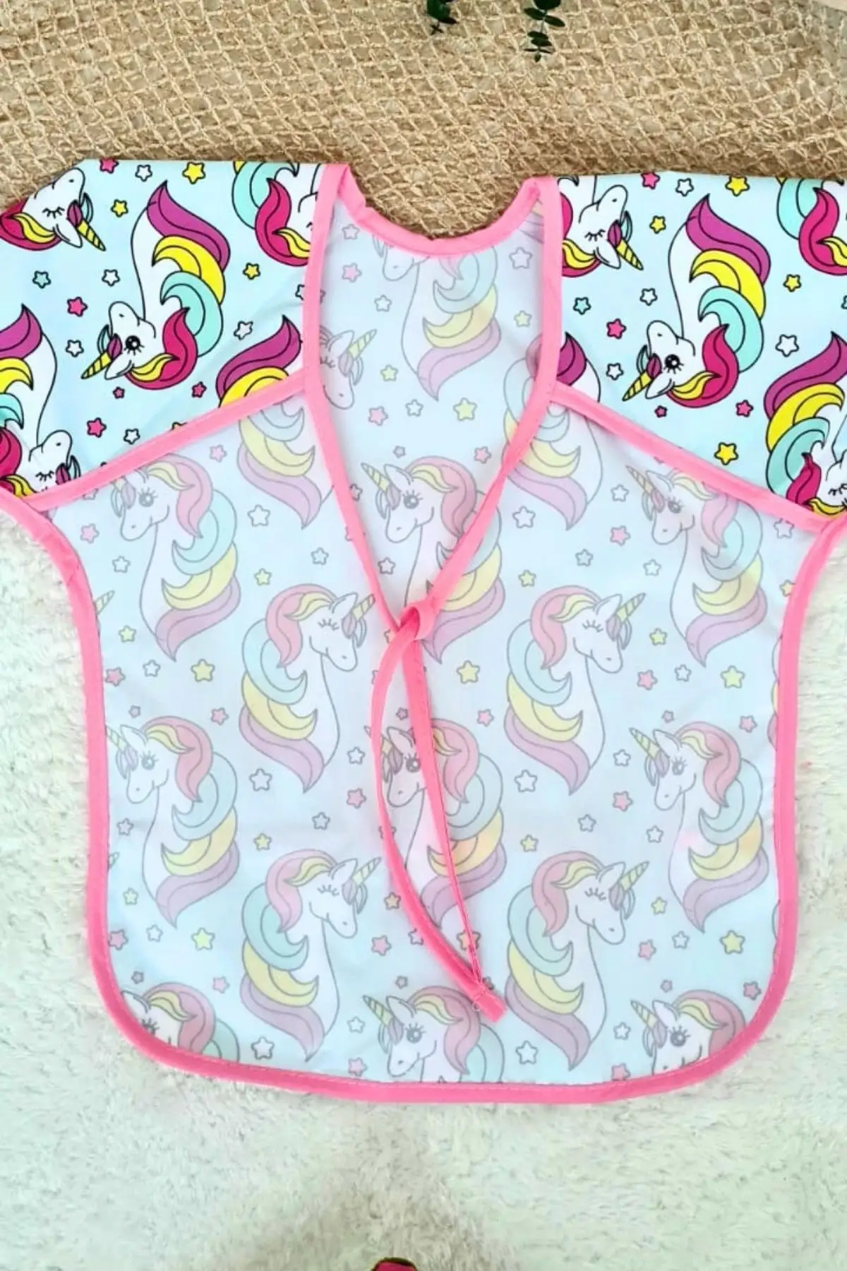 Unicorn Pembe Desenli Sıvı Geçirmez Kız Aktivite ve Mama Önlüğü 6-24 Ay