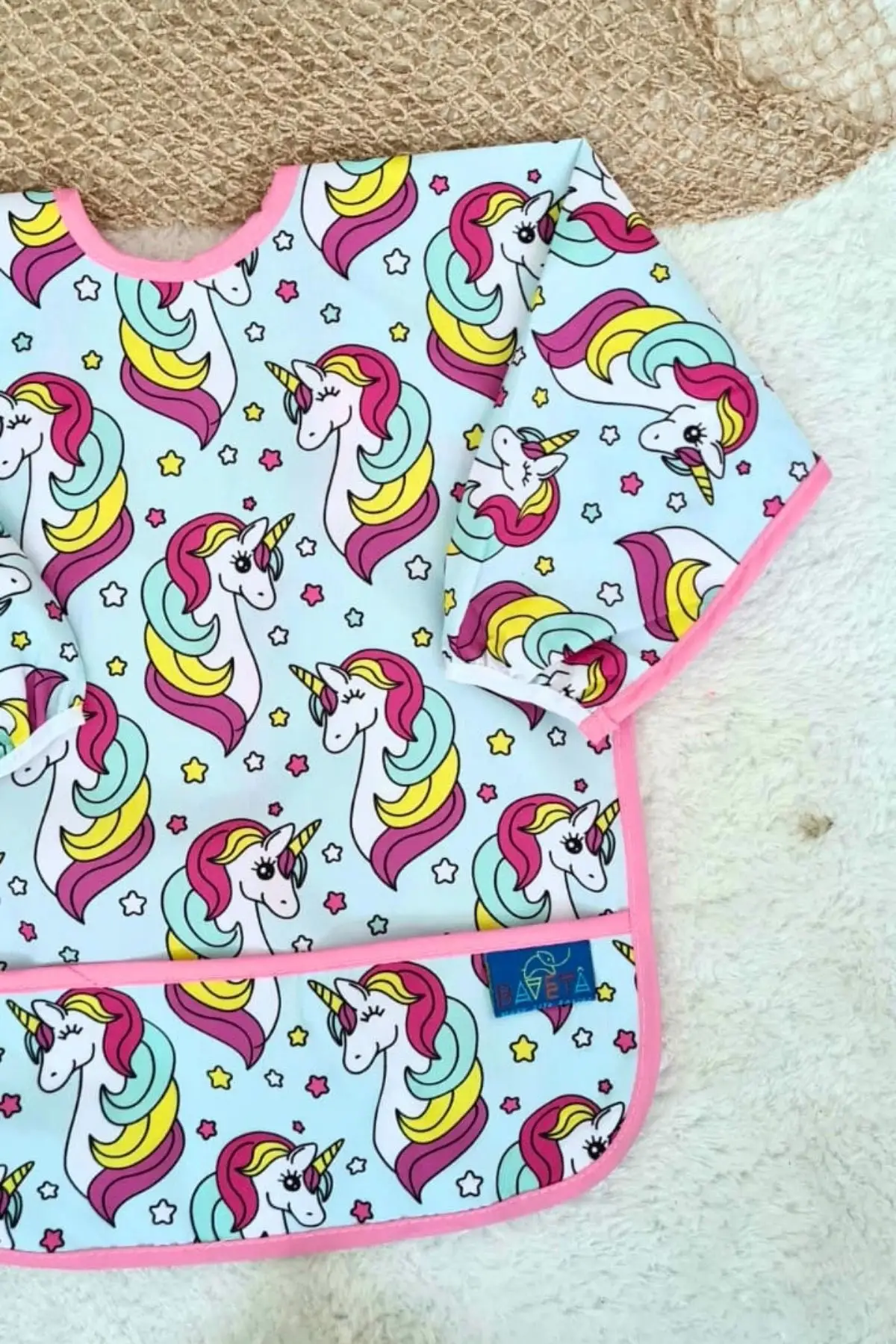Unicorn Pembe Desenli Sıvı Geçirmez Kız Aktivite ve Mama Önlüğü 6-24 Ay