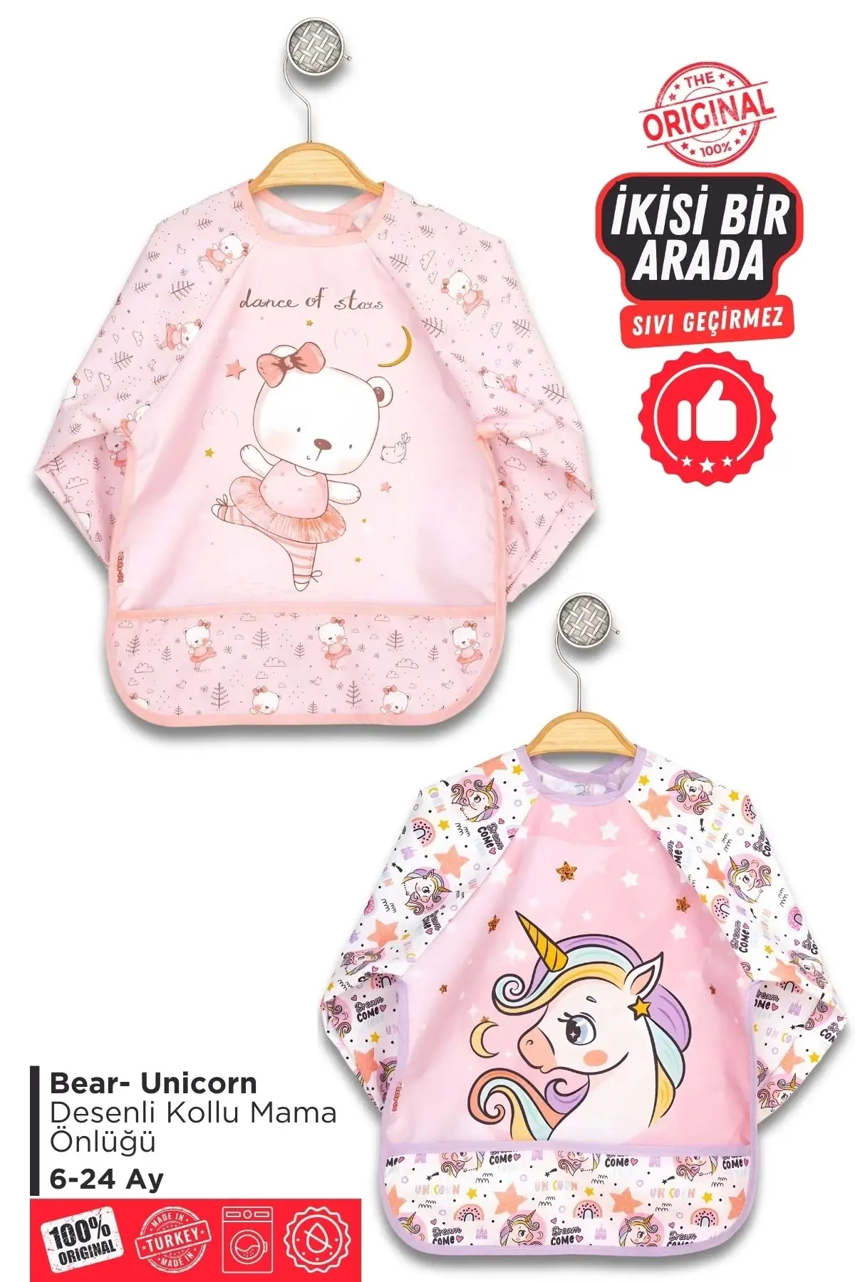 Giyilebilir Kollu Sıvı Geçirmez Mama ve Aktivite Önlüğü 6-24 Ay - Bear-Unicorn