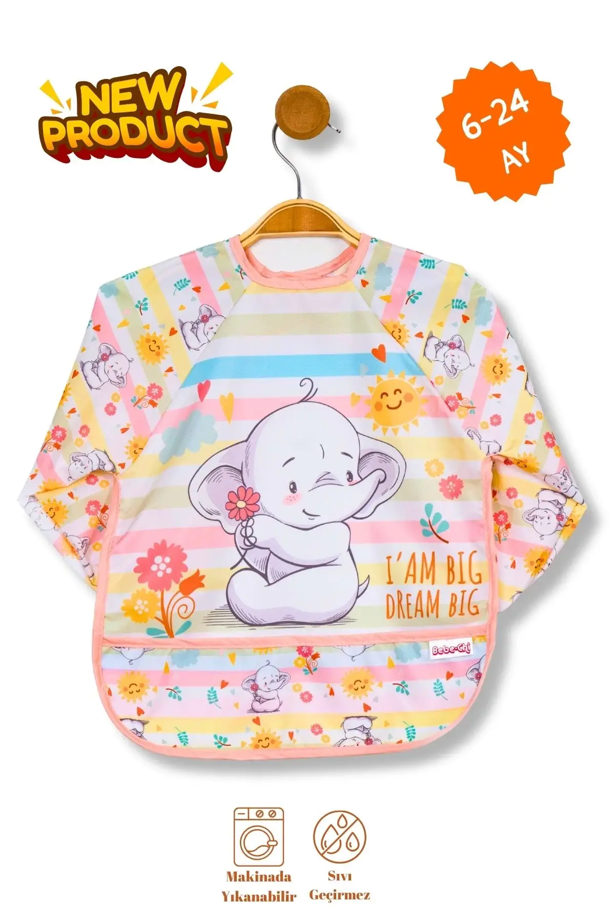 Fil Pembe Uzun Kollu 6-24 Ay Cepli Aktivite Hobi Mama Önlüğü