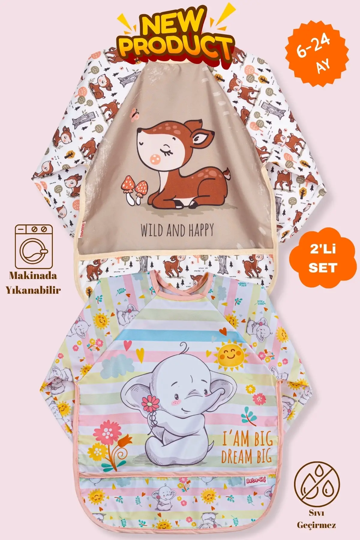 Uzun Kollu Giyilebilir Sevimli Fil-Ceylan Desen Sıvı Geçirmez Aktivite ve Mama Önlüğü 6-24 AY
