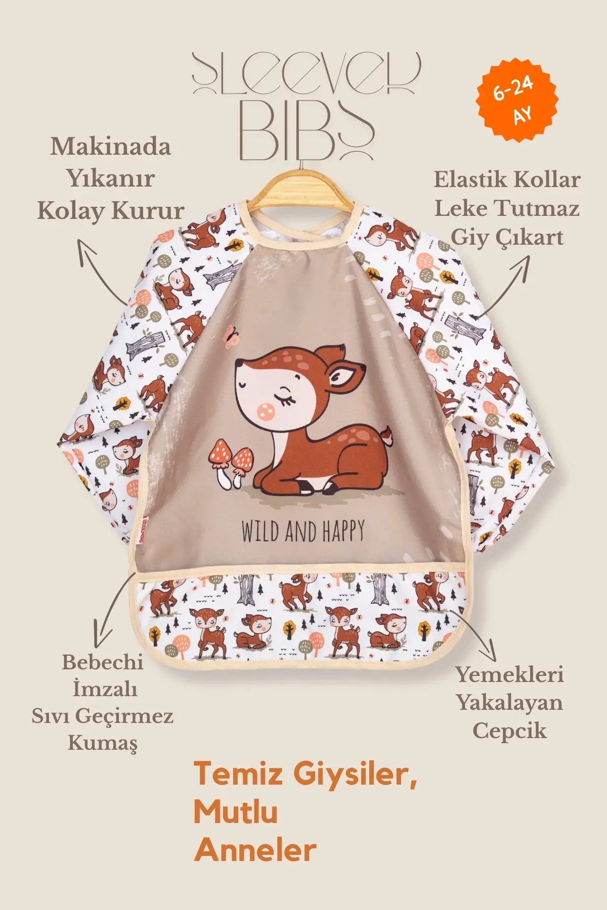 Uzun Kollu Giyilebilir Sevimli Fil-Ceylan Desen Sıvı Geçirmez Aktivite ve Mama Önlüğü 6-24 AY