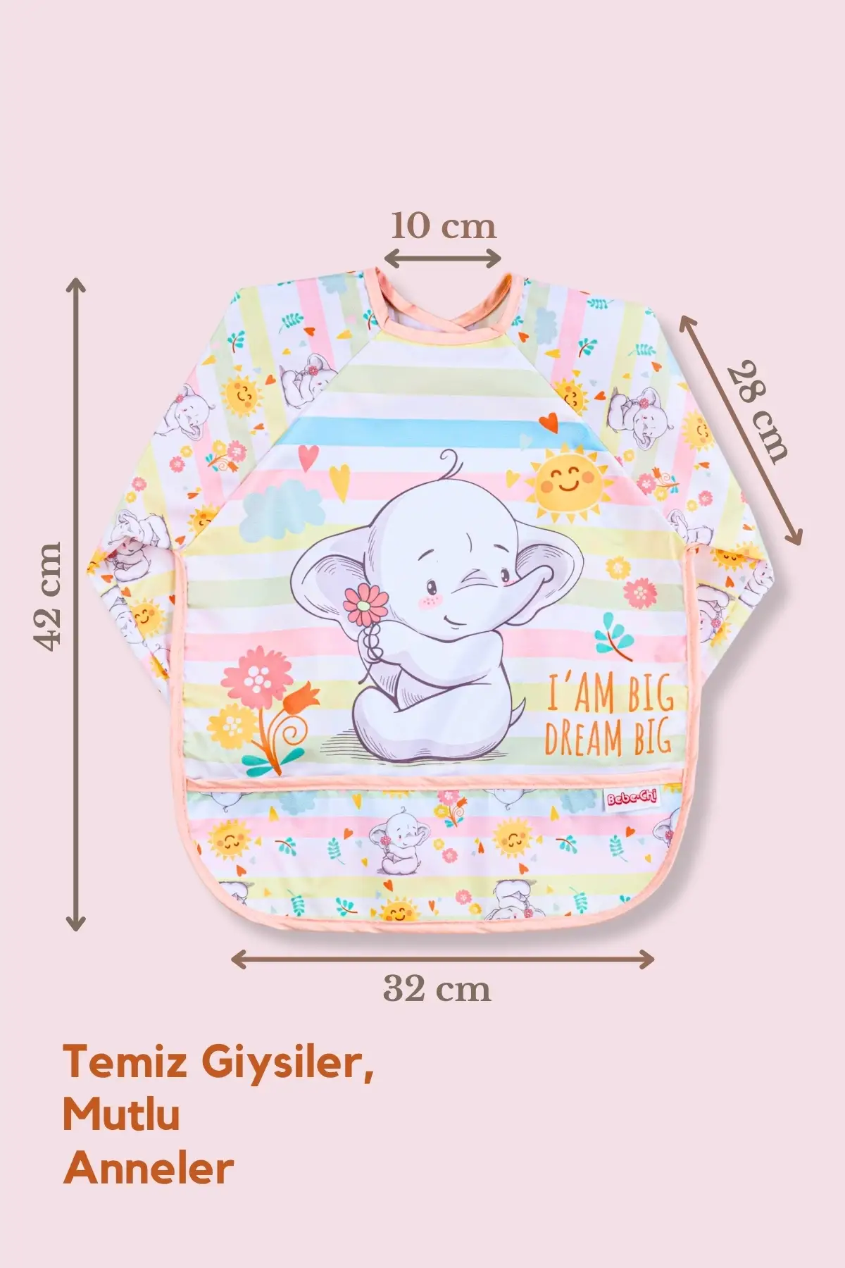 Uzun Kollu Giyilebilir Sevimli Fil-Ceylan Desen Sıvı Geçirmez Aktivite ve Mama Önlüğü 6-24 AY