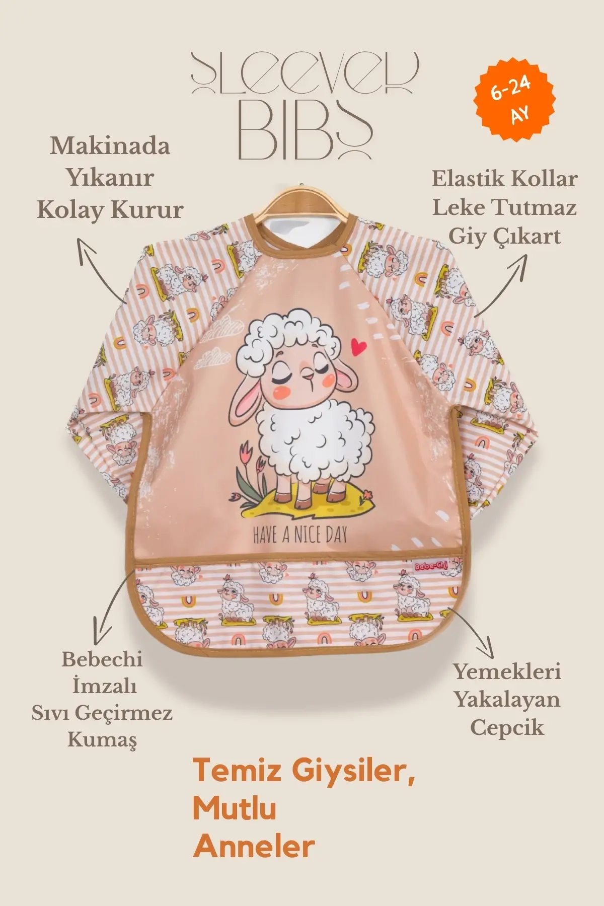 Uzun Kollu Giyilebilir Sevimli Fil-Kuzu Desen Sıvı Geçirmez Aktivite ve Mama Önlüğü 6-24 AY