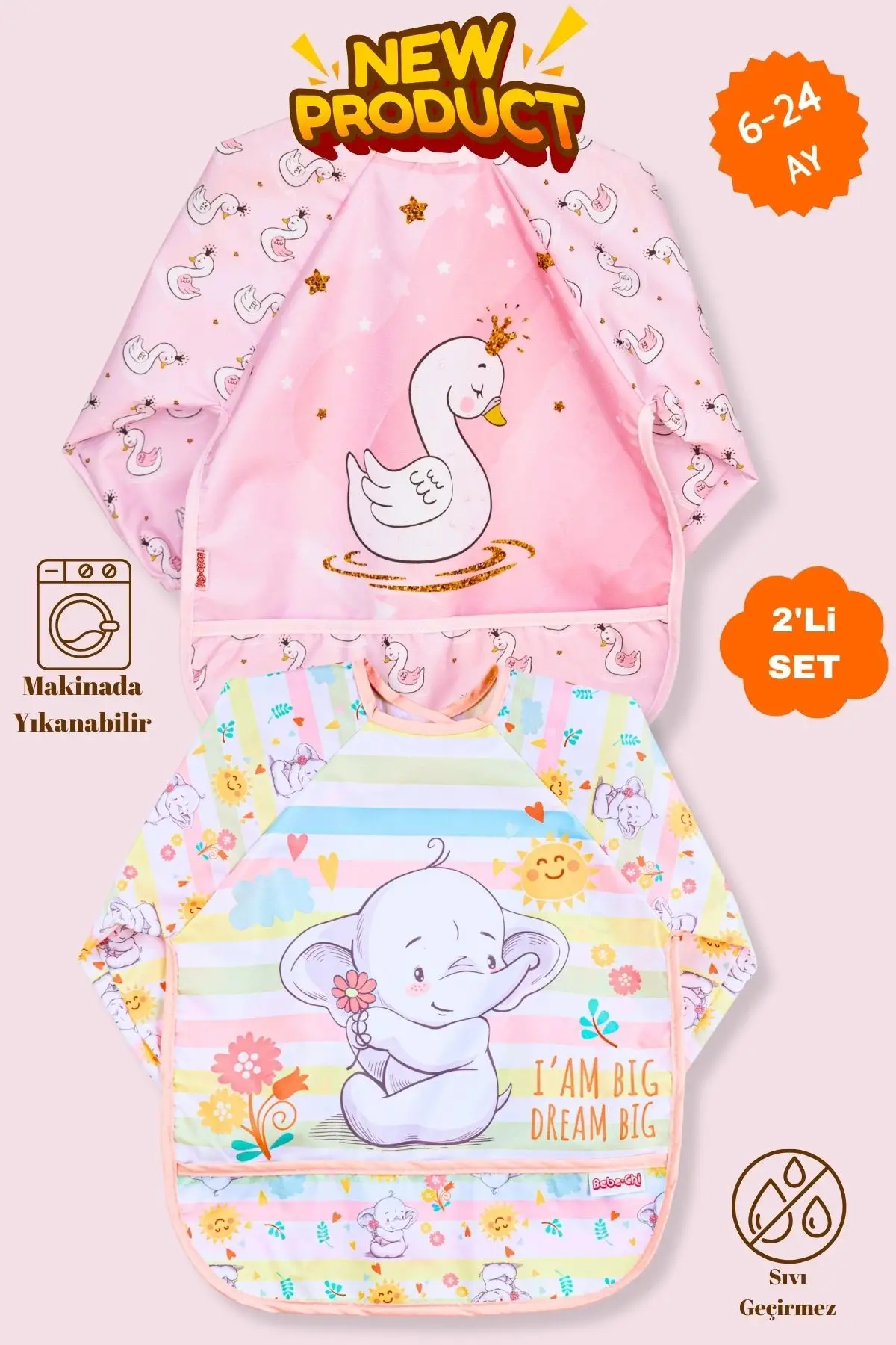 Uzun Kollu Giyilebilir Sevimli Kuğu-fil Desen Sıvı Geçirmez Aktivite Ve Mama Önlüğü 6-24 Ay