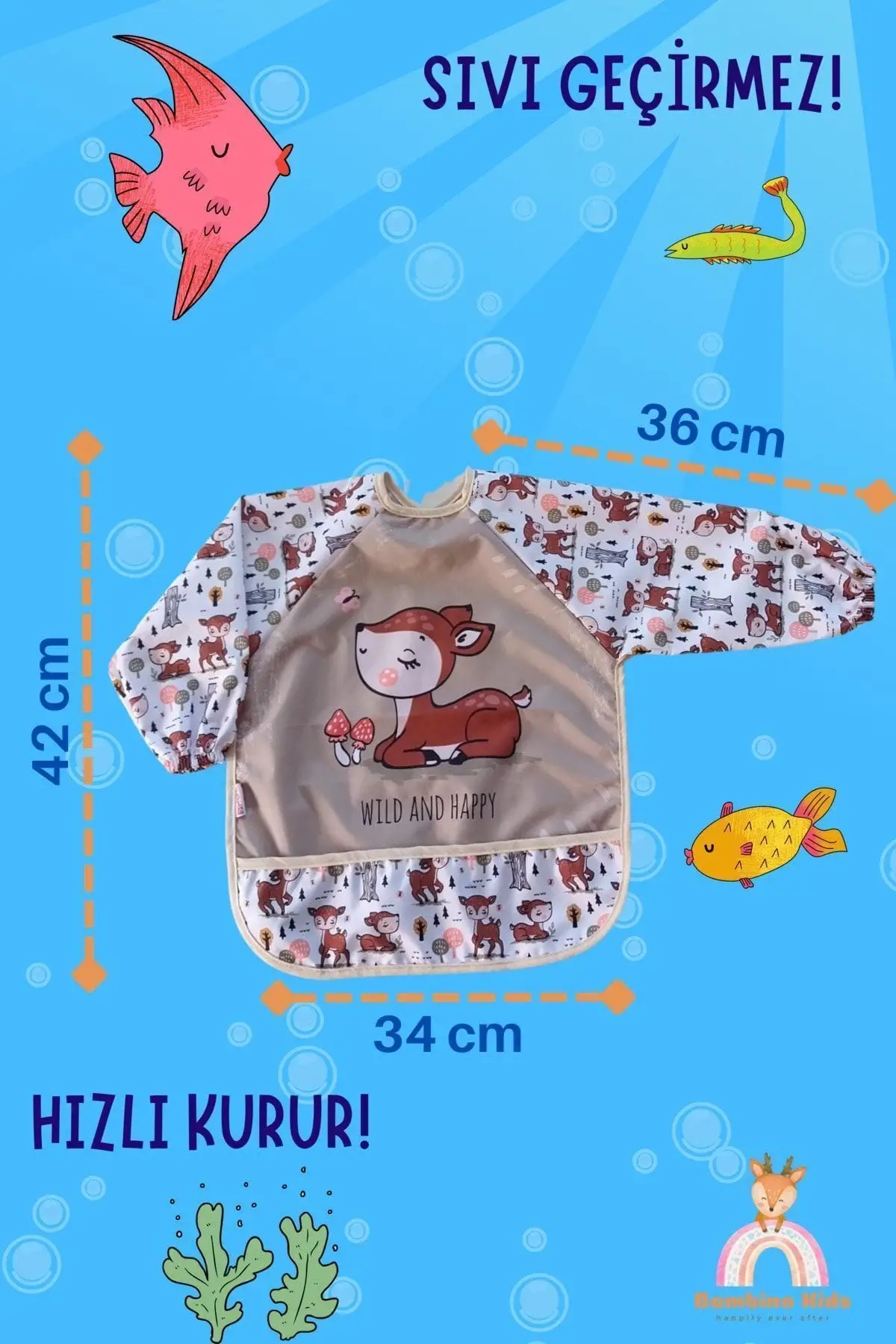 Giyilebilir Kollu Sıvı Geçirmez Mama ve Aktivite Önlüğü 6-24 Ay - Safari-Karaca