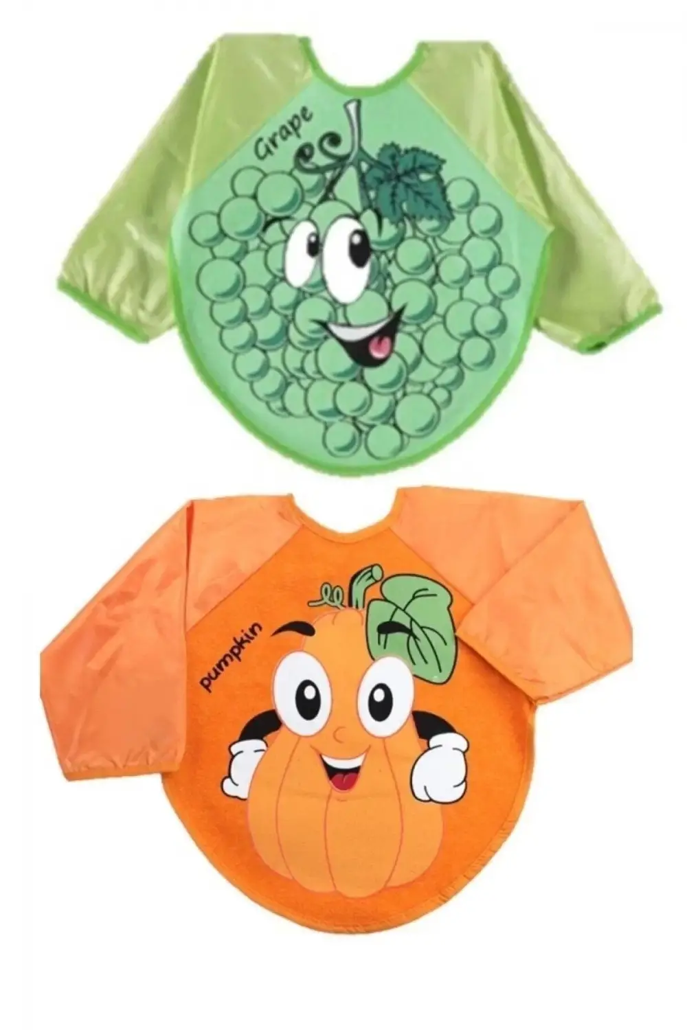 2 Adet Figürlü Ve Giyilebilir Renkli Kollu Bebek Mama Önlüğü Balkabağı-Üzüm