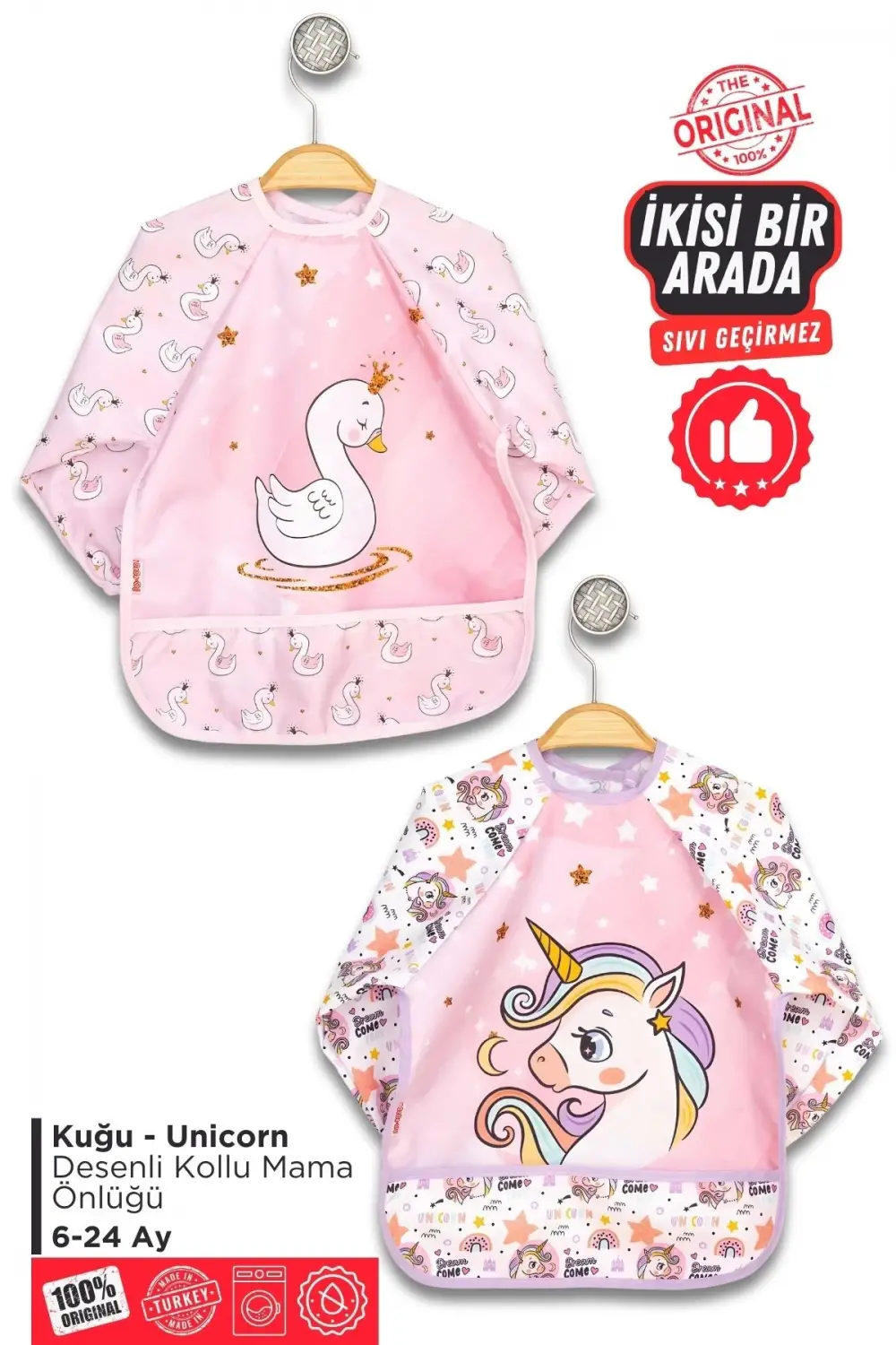 Giyilebilir Kollu Sıvı Geçirmez Mama ve Aktivite Önlüğü 6-24 Ay - Kuğu-Unicorn